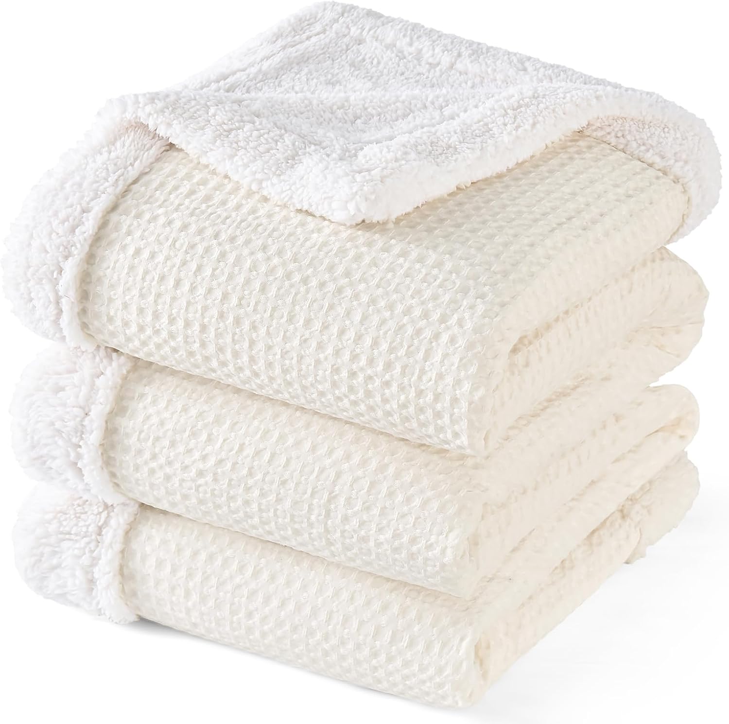 phf waffle sherpa blanket queen size, 90x90 inches luxury plush flannel fleece blanket for winter, no shed no pilling, cozy soft & reversible waffle weave bedding for home decor, cream white queen(90"x90") cream