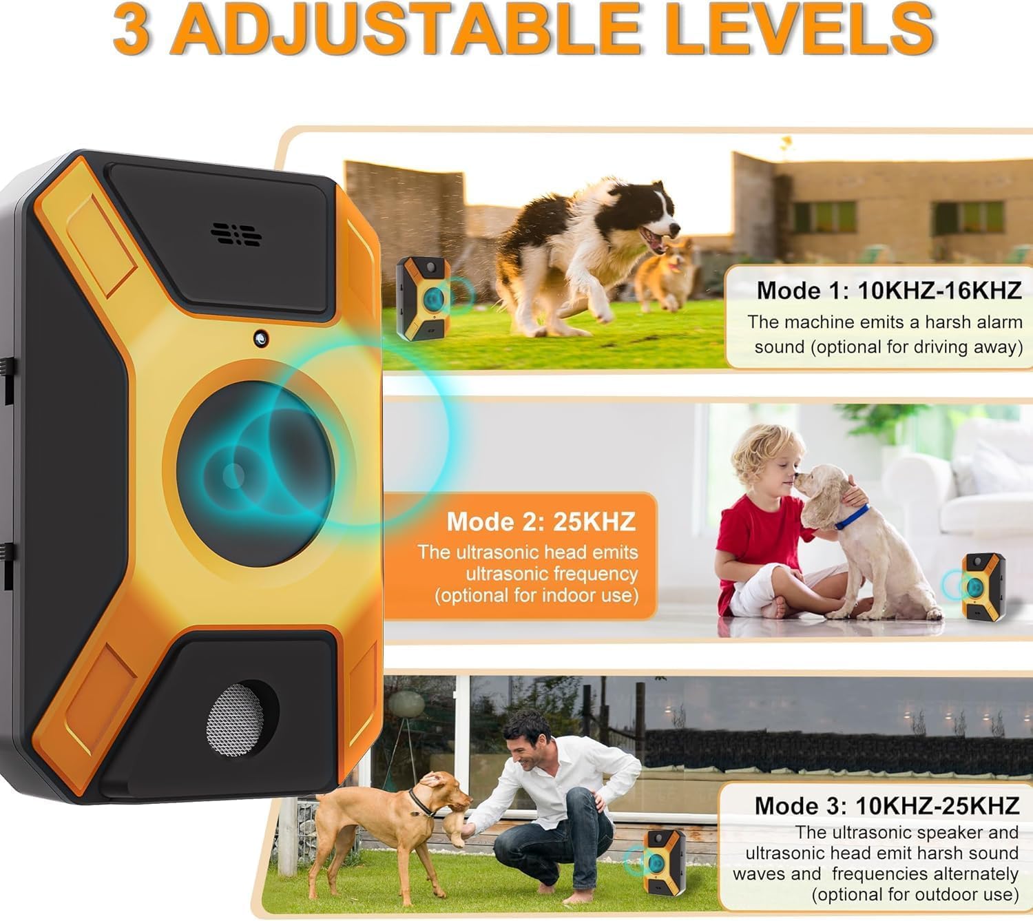Anti Aboiement Chien, Dispositif Anti Aboiement Chien Ultrasons à 3 Modes, Boitier Anti Aboiement Chien, l'entraînement des Grands et Petits Chiens en Extérieur et Intérieur