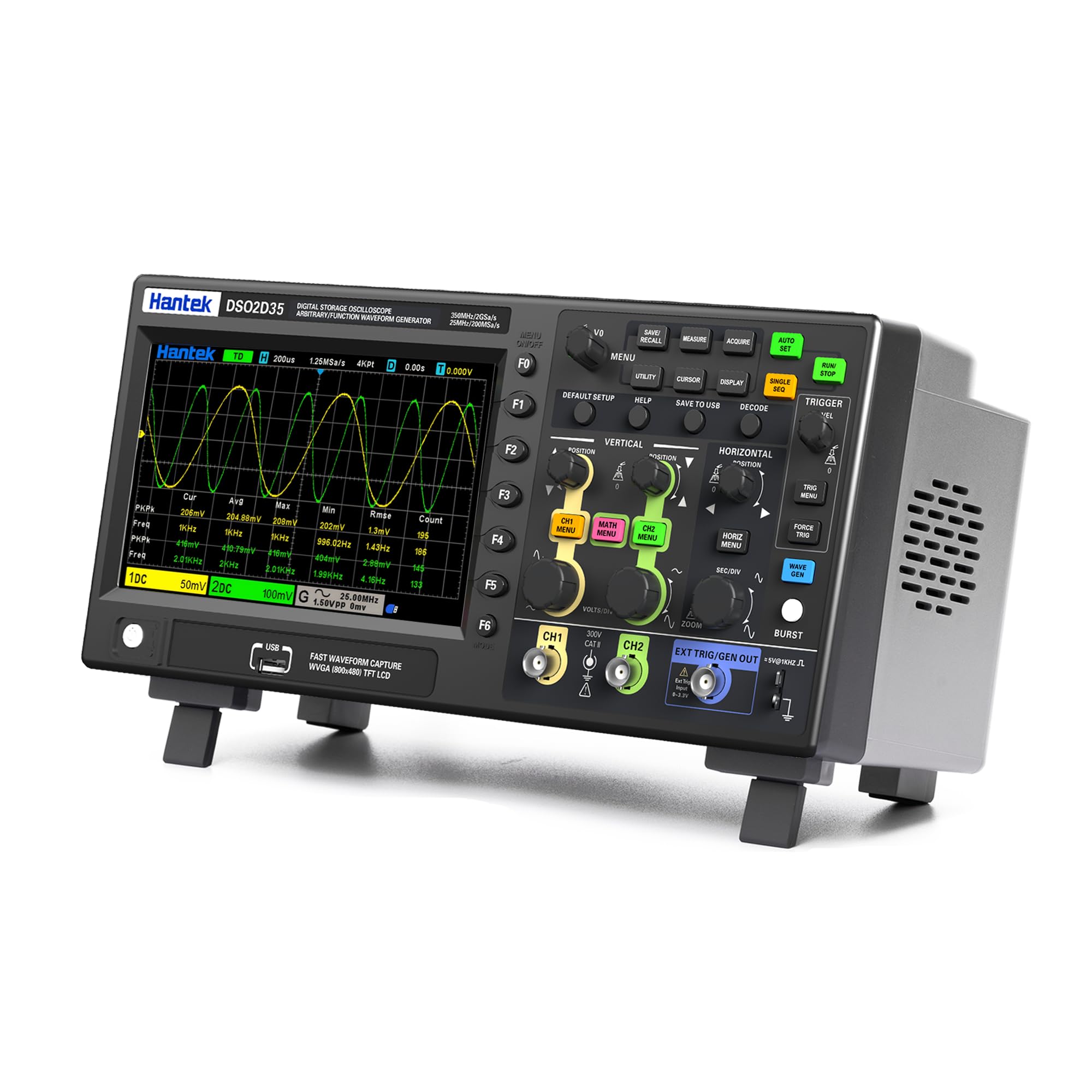 Hantek Oszilloskop, 2 Kanal 350 MHz Oszilloskop mit 2 GS/s Abtastrate, 1 CH Waveformgenerator, Ideal für Ingenieure, Hobbyanwender, Diagnose, Tests und Reparaturen (Hantek DSO2D35/350MHz)