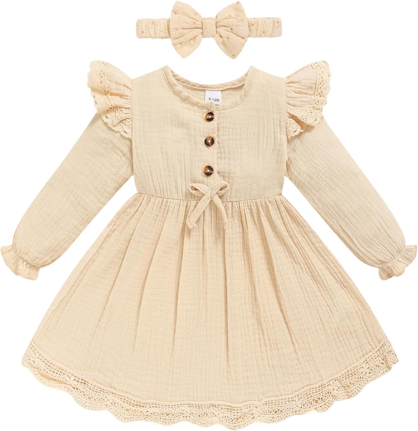 Sinhoon Toddler Fall Dress Baby Girl Dress Ruffle Long Sleeve Toddler Girl Dress Smocked Baby Fall Dresses with Bow Headband