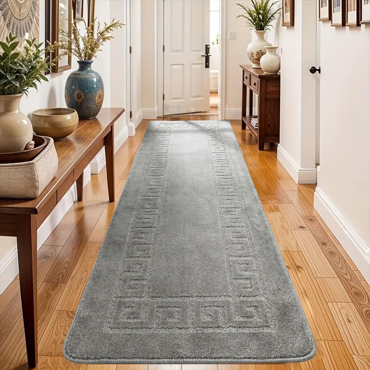 PHP Non-Slip Area Rug, 80 x 150 cm Washable, Heavy Duty Floor Protector Anti Slip Hallway Large Rug for Indoor Outdoor Hall Bedroom and Kitchen - Silver
