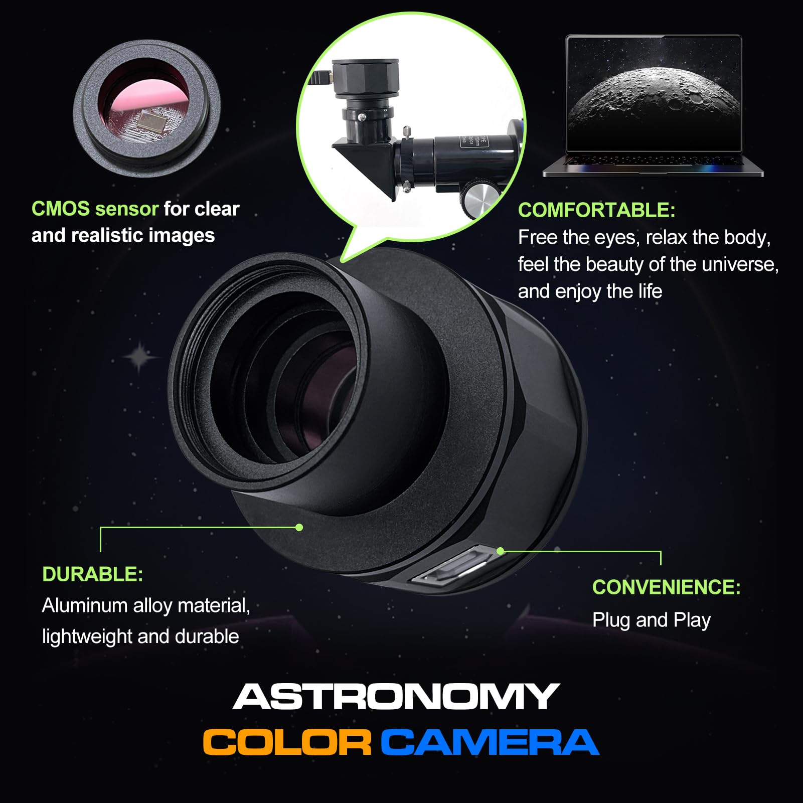 Nova200 Caméra télescope USB 1080p avec oculaire électronique 3,25 cm avec filtre UV IR amovible Plug and Play UVC Plug and Play, prise en charge du pilote ASCOM pour imagerie planétaire