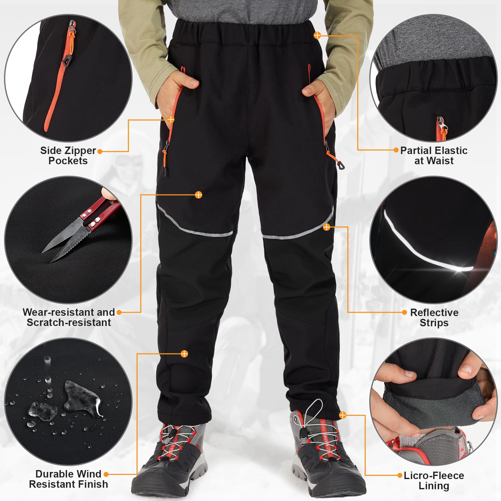 Pantalon Softshell Enfant Ski Randonnée Trekking Doublé Cargo Imperméable Thermique Garçon Fille Neige Hiver Outdoor