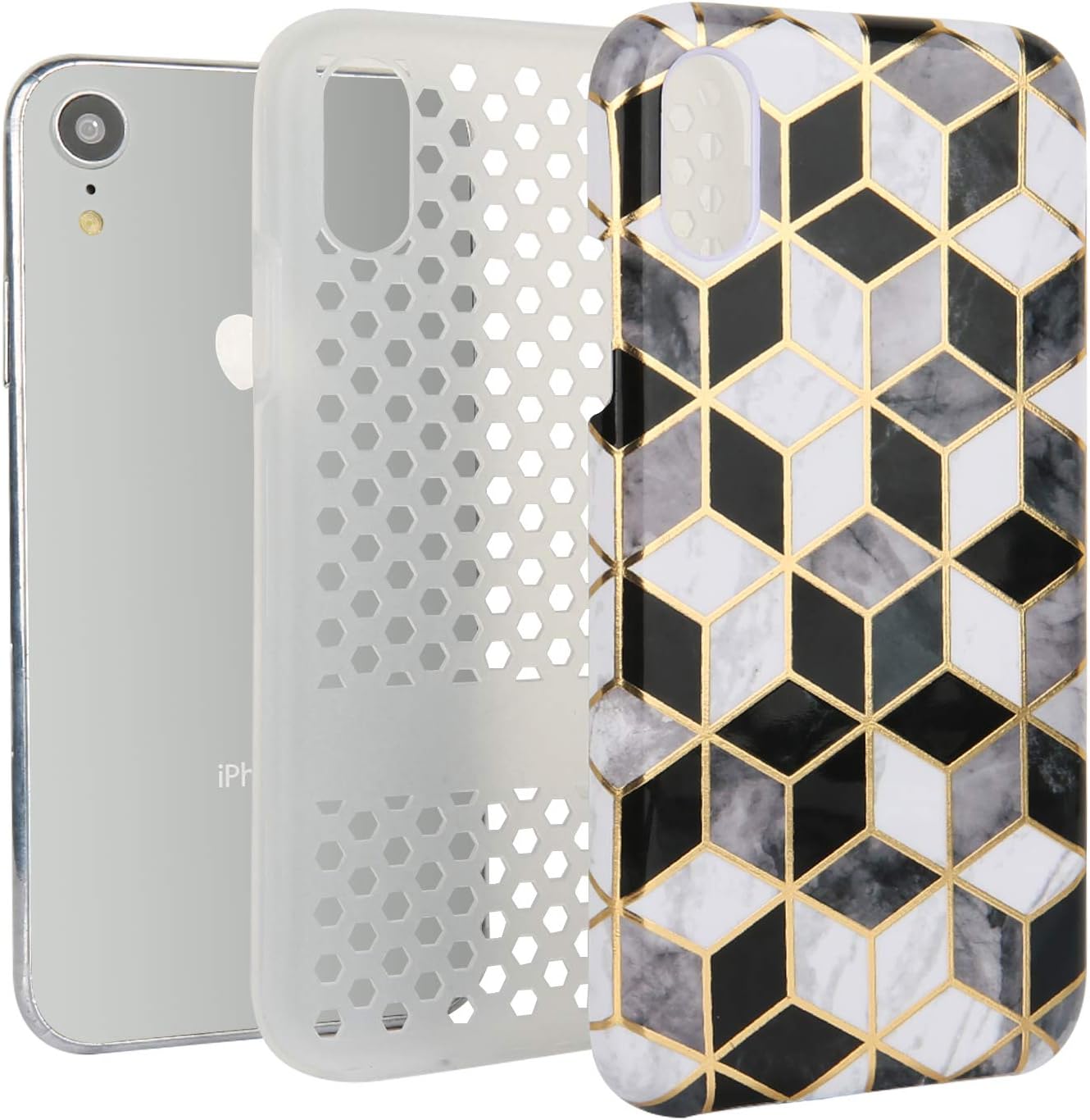 Zeronal Marble iPhone XR Case Cubes Design iPhone XR Cases Black and White, Microfiber Lining Anti-Slip Shell Shockproof Full-Body Protection Cover for iPhone XR 6.1" -Marble Cubes