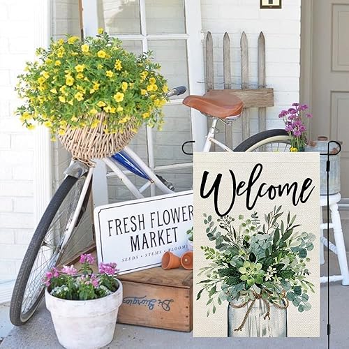 Miniatura 3 de CROWNED BEAUTY Bandera de jardín con tarro de eucalipto de primavera, 12 x 18 pulgadas, doble cara para exterior, arpillera de bienvenida pequeña,