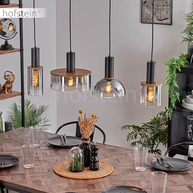 hofstein Hanglamp Classon, moderne hanglamp van metaal/glas in zwart/houtlook/rookkleuren/helder, lamp in vintage/retro design met kapjes van glas, hoogte max. 122,5 cm, 4 x E27, zonder lampen photo 2
