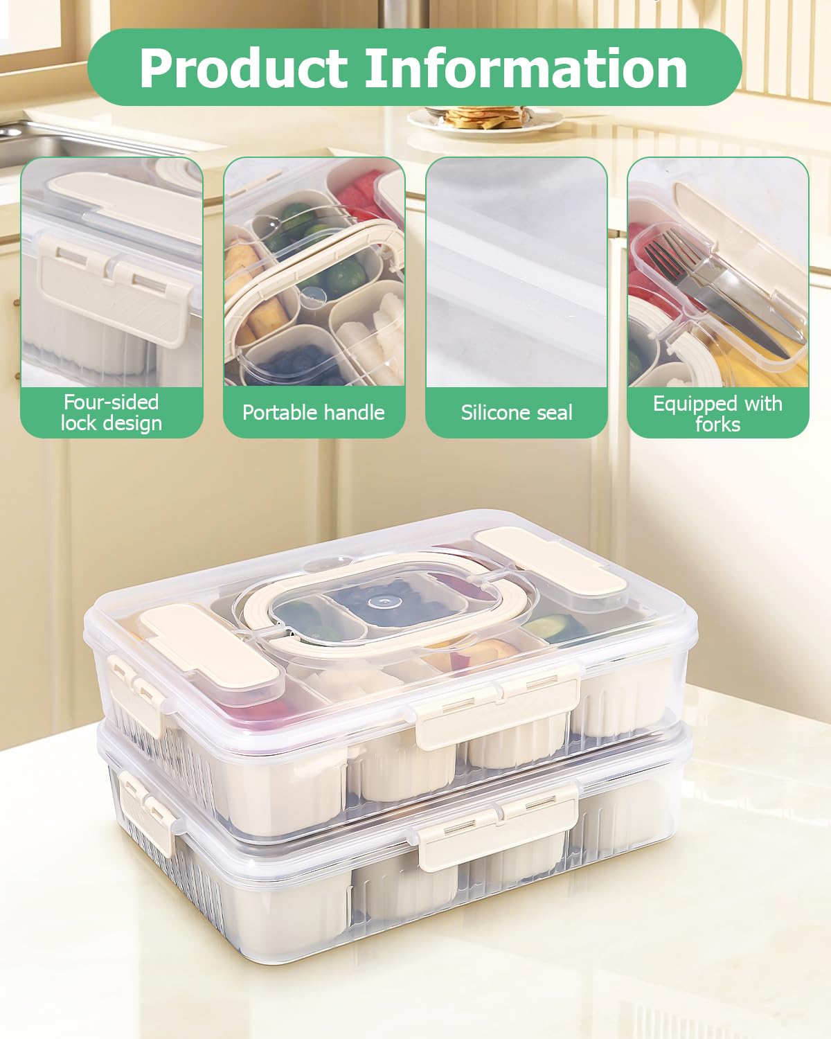 2 Packungen Snackbox mit Fächern mit 8 Gabeln, Snackteller mit Deckel mit 16 Fächern und Griffen, Snackbox mit Fächern Kinder, Wird Verwendet, um Süßigkeiten, Früchte, Kekse und Gewürze Aufzubewahren