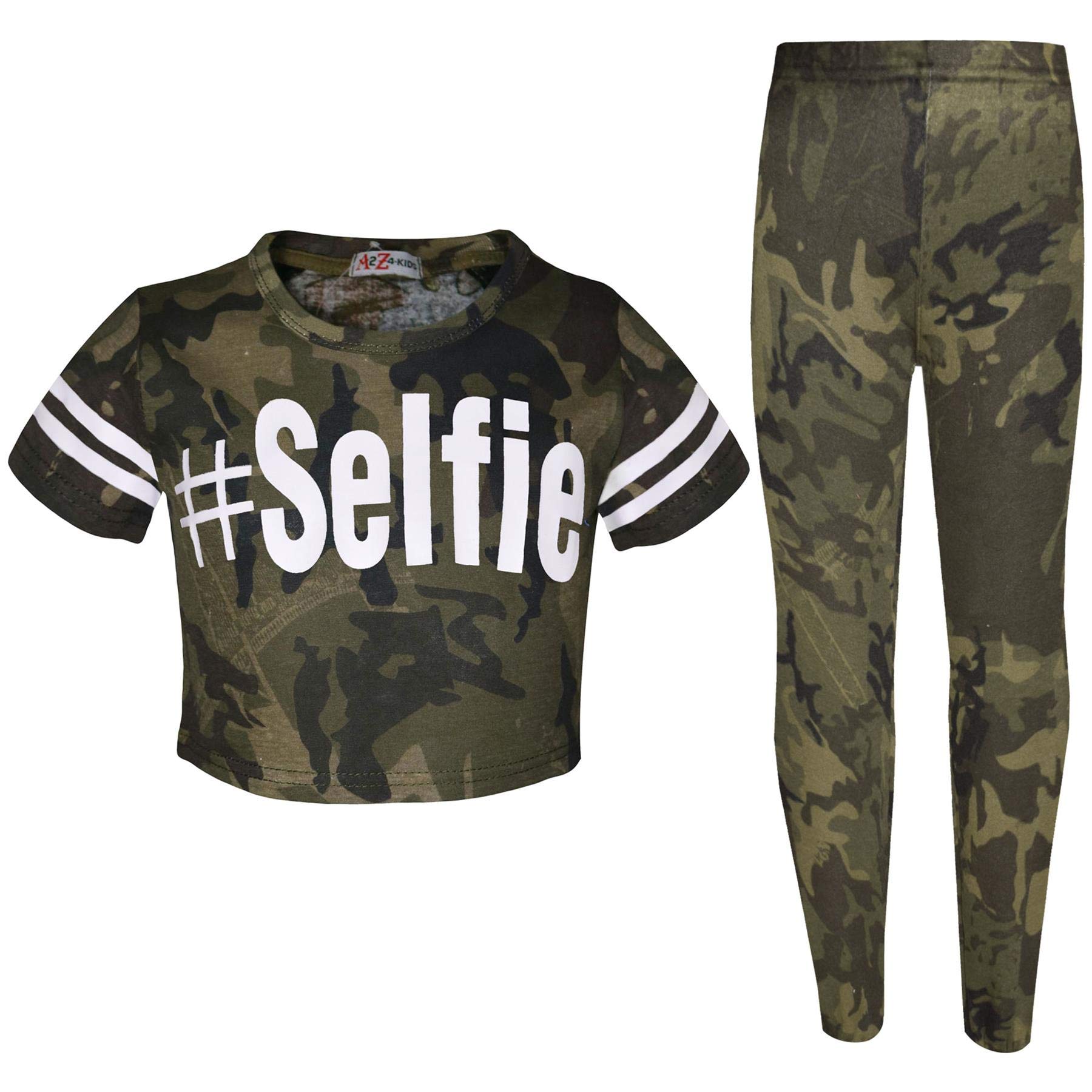 A2z 4 Kids Girls #Selfie Green Camouflage Crop Top Legging Set Trendy Lightweight - Camo Selfie Crop & Legg Green 13