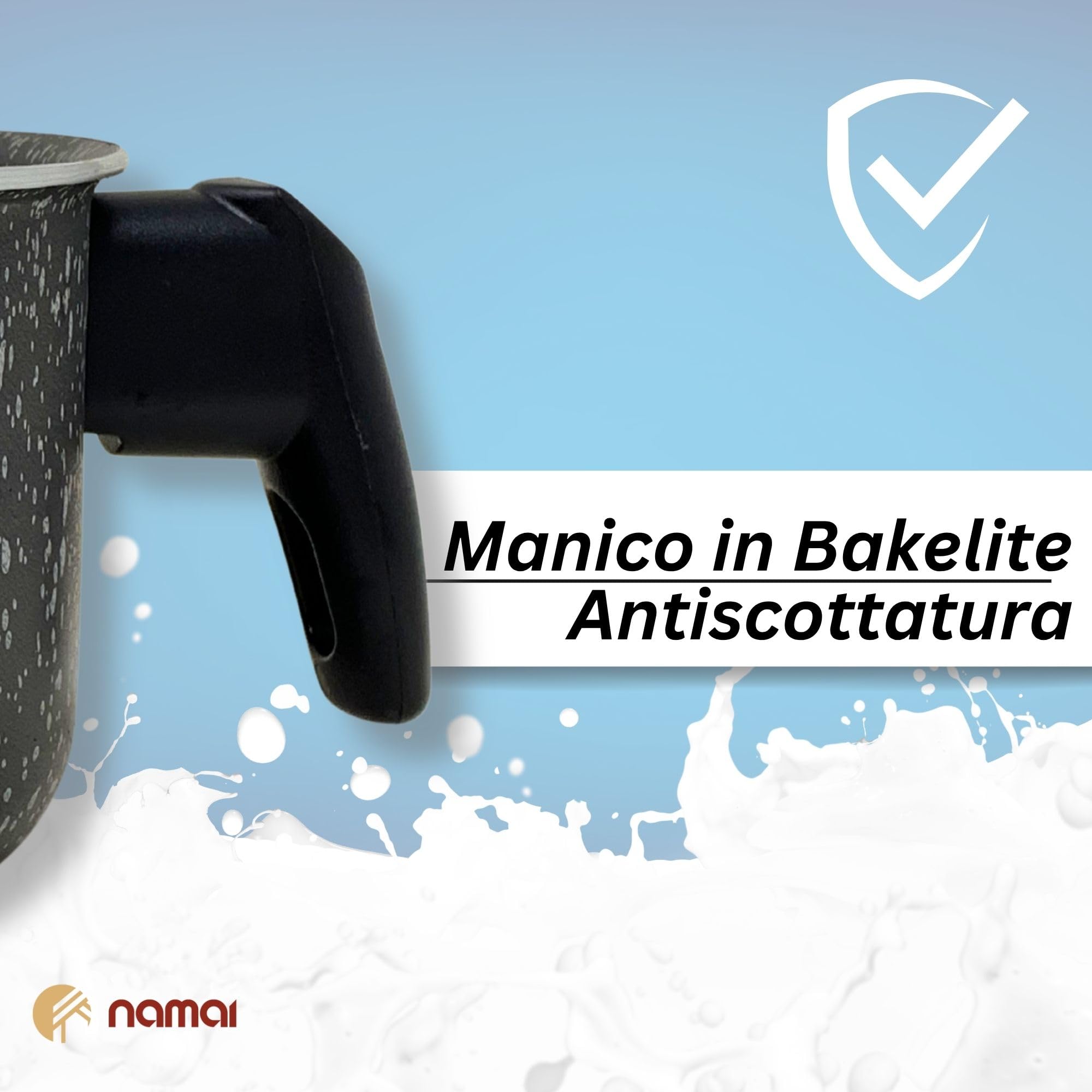 NAMAI - Pentolino Latte, Diametro 10 CM, Alluminio Antiaderente, Manico Ergonomico, Effetto Pietra, Pratico e Resistente, Made In Italy, No Induzione (10 CM)