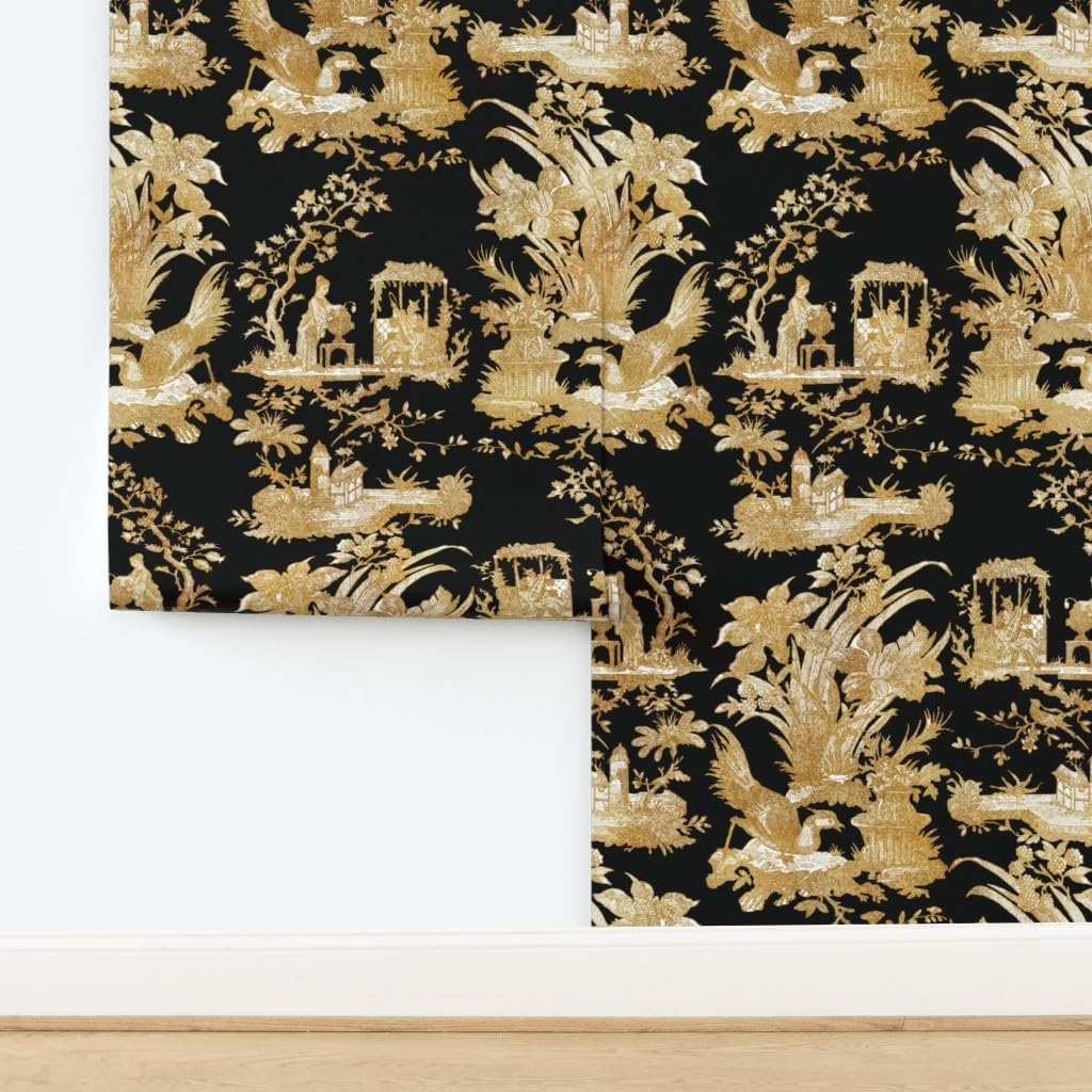 Peel & Stick Wallpaper Swatch - Chinoiserie Toile Black Asian Gold Chinese Custom Removable Wallpaper by Spoonflower