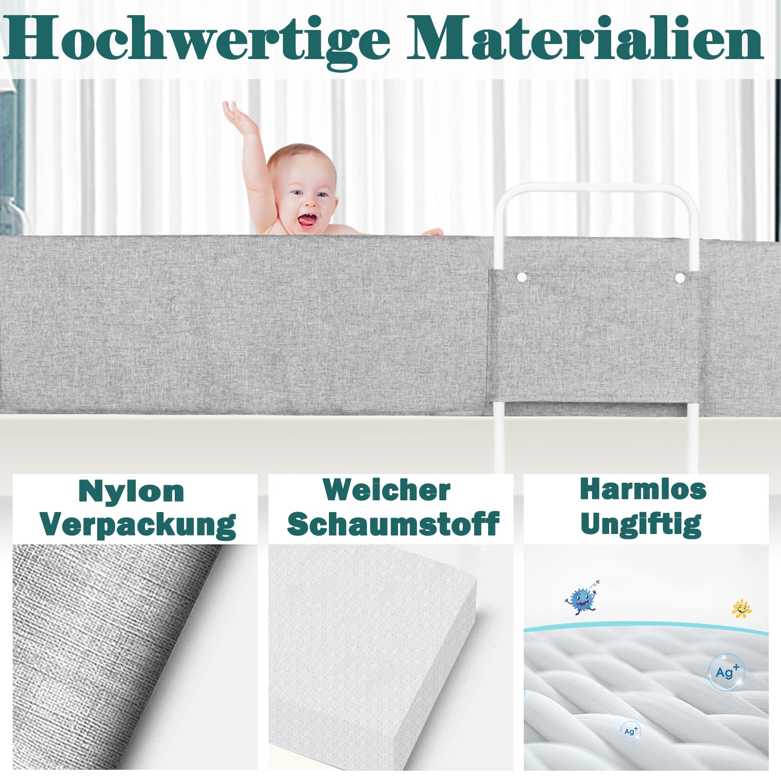 AufuN Bettgitter Rausfallschutz Bettschutzgitter Kinderbettgitter Bettkantenschutz für Kinderbett, Schaumstroff Bettgitter mit rutschfeste und Waschbarer Bezug, für Kleinkinder (100CM, Grau)