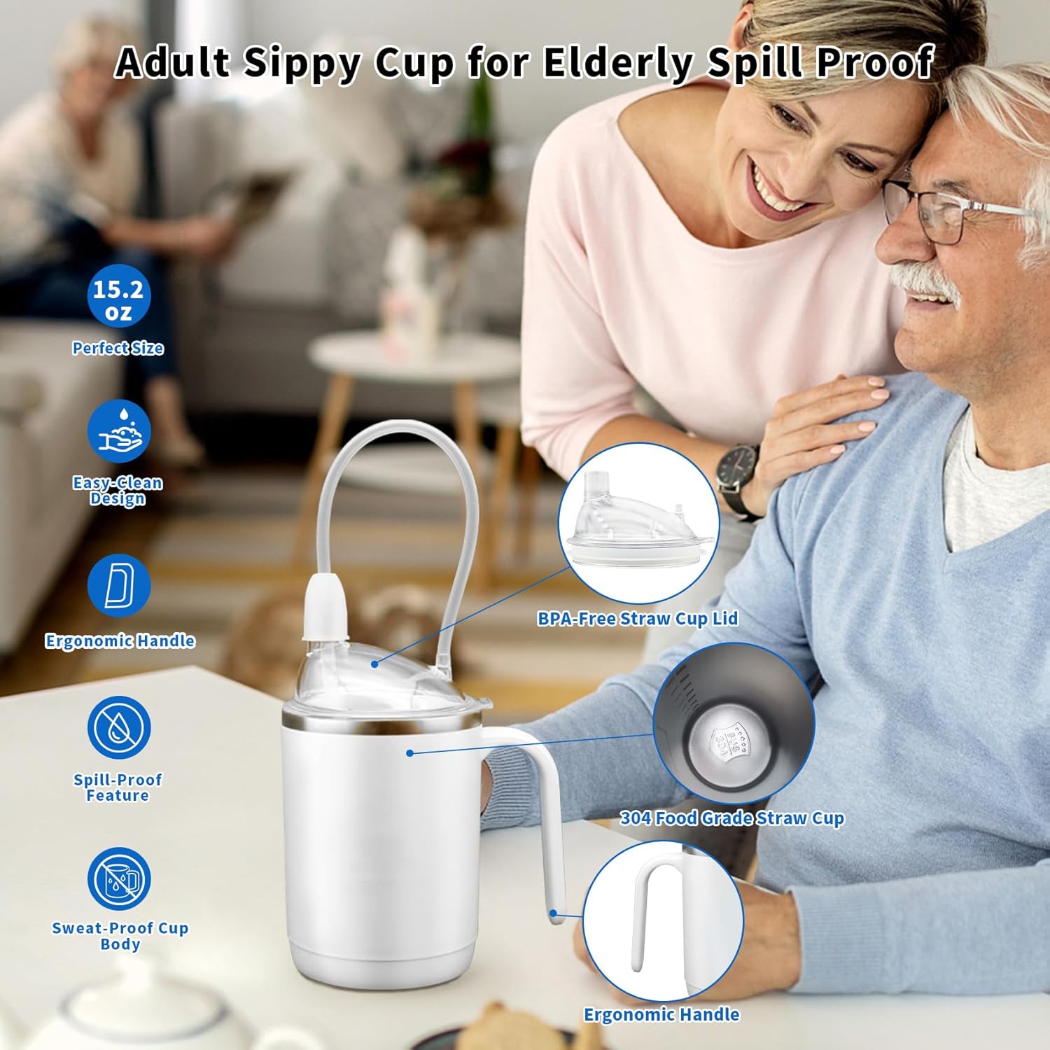 Adult Sippy Cup for Elderly Spill Proof with Long Straw, 15.2oz Stainless Steel Lightweitght No Spill Cup for Seniors/Adults with Flexible Straw Clear, Health / Household Essentials / Assisted Living - Image 4
