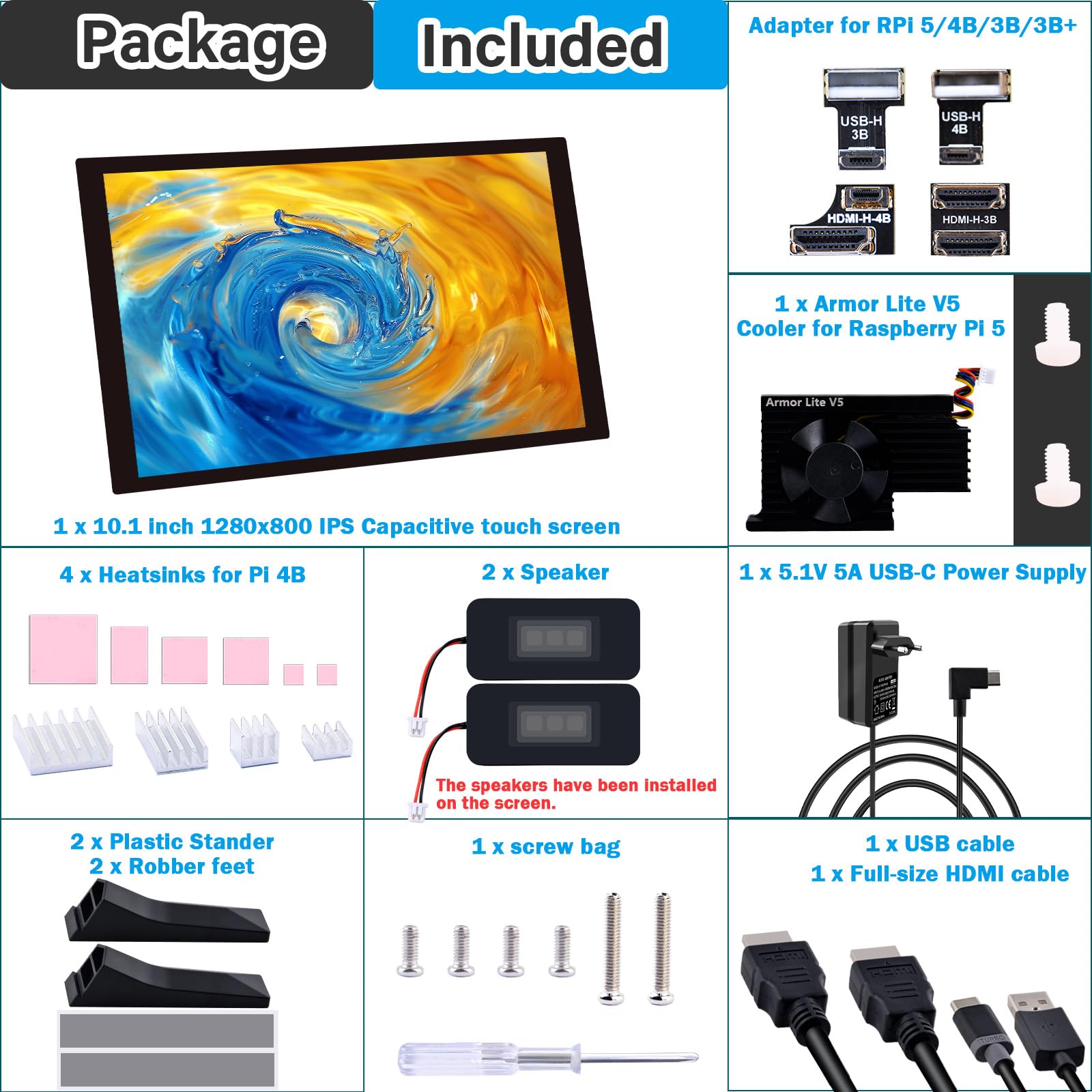 GeeekPi 10,1 Zoll Kapazitiver Touchscreen für Raspberry Pi 5, HDMI IPS Monitor 1280X800 mit Dual Lautsprecher für Raspberry Pi 4B/3B+/3B, mit Montagelöchern zum Installieren des Pi Board