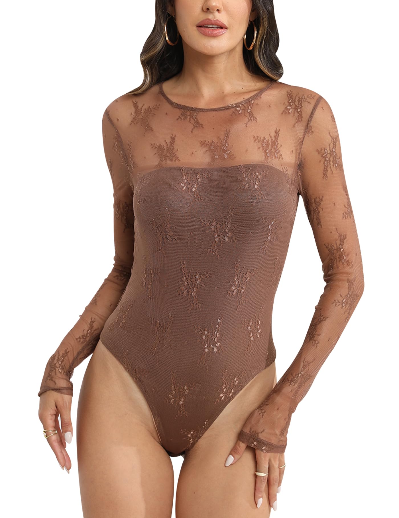 UgerlovWomen's Long Sleeve Lace Bodysuit Sexy Mesh Crew Neck See Through Jumpsuit Bodysuits Top Sheer Slim Fit Blouse