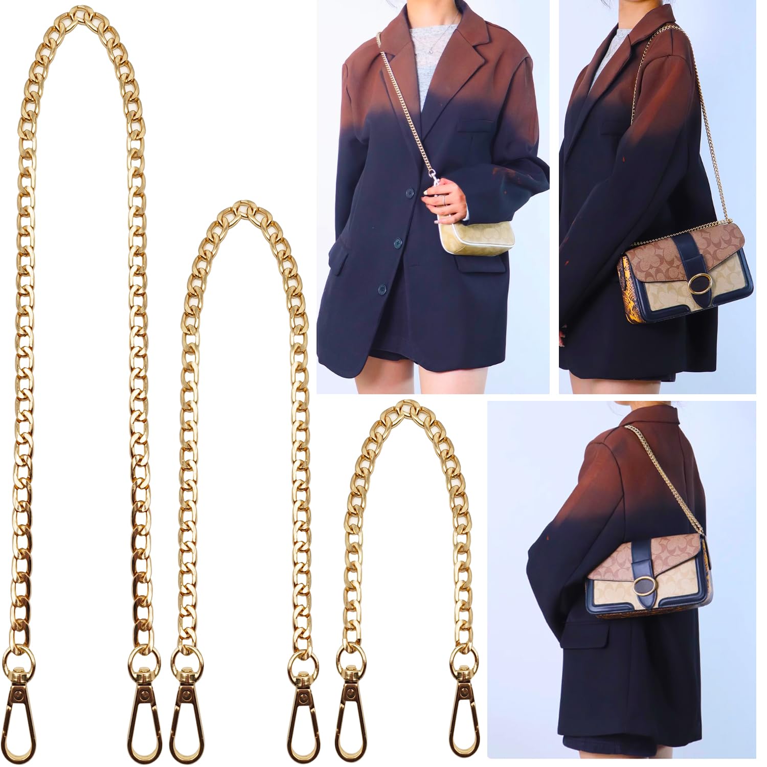 Hongbaite 3 Pack Gold (45cm+95cm+125cm) Bag Chains for Womens Handbags Wallet Purse DIY Crossbody Bags Chain Extender Strap with Clasp Buckles