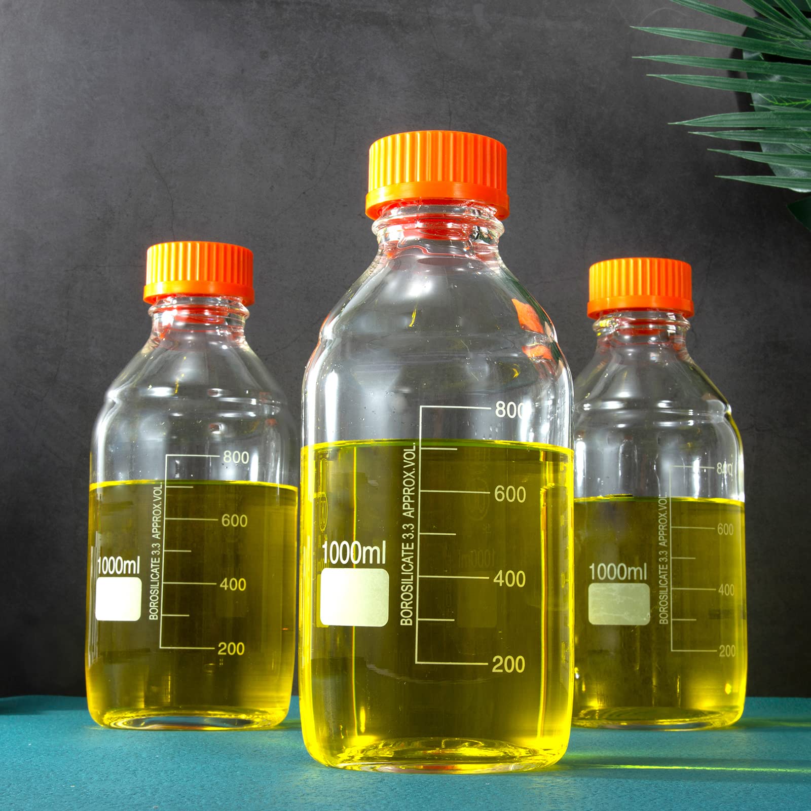 Botellas redondas de vidrio de borosilicato de 1000 ml con tapa de rosca GL45, temperatura máxima de 270 °F, paquete de 3