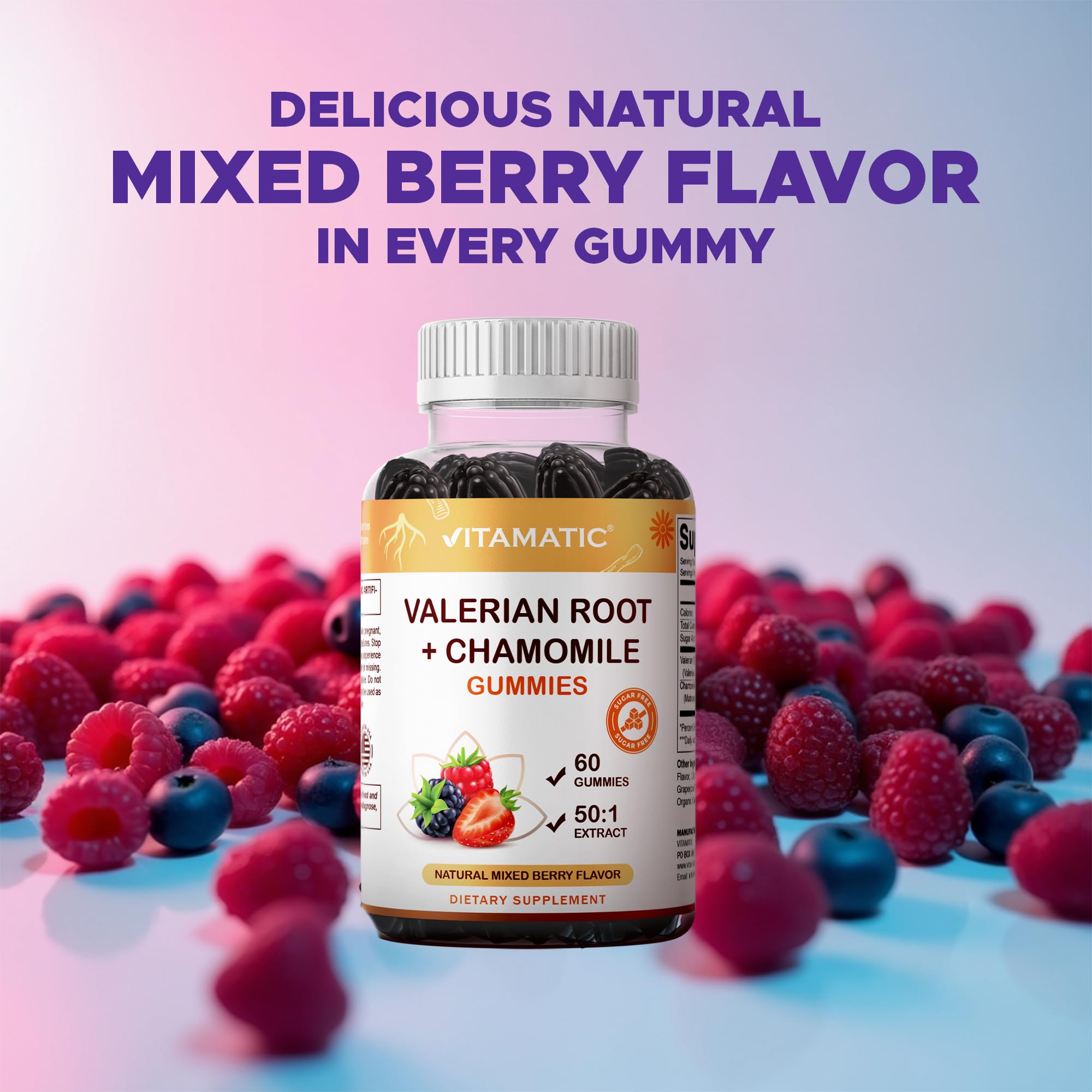 Vitamatic Valerian Root & Chamomile Gummies – Plant-Based Botanical Extract – Mixed Berry Flavor – Vegan, Non-GMO, Gluten-Free – Herbal Supplement – 60 Count — Amazon image 5