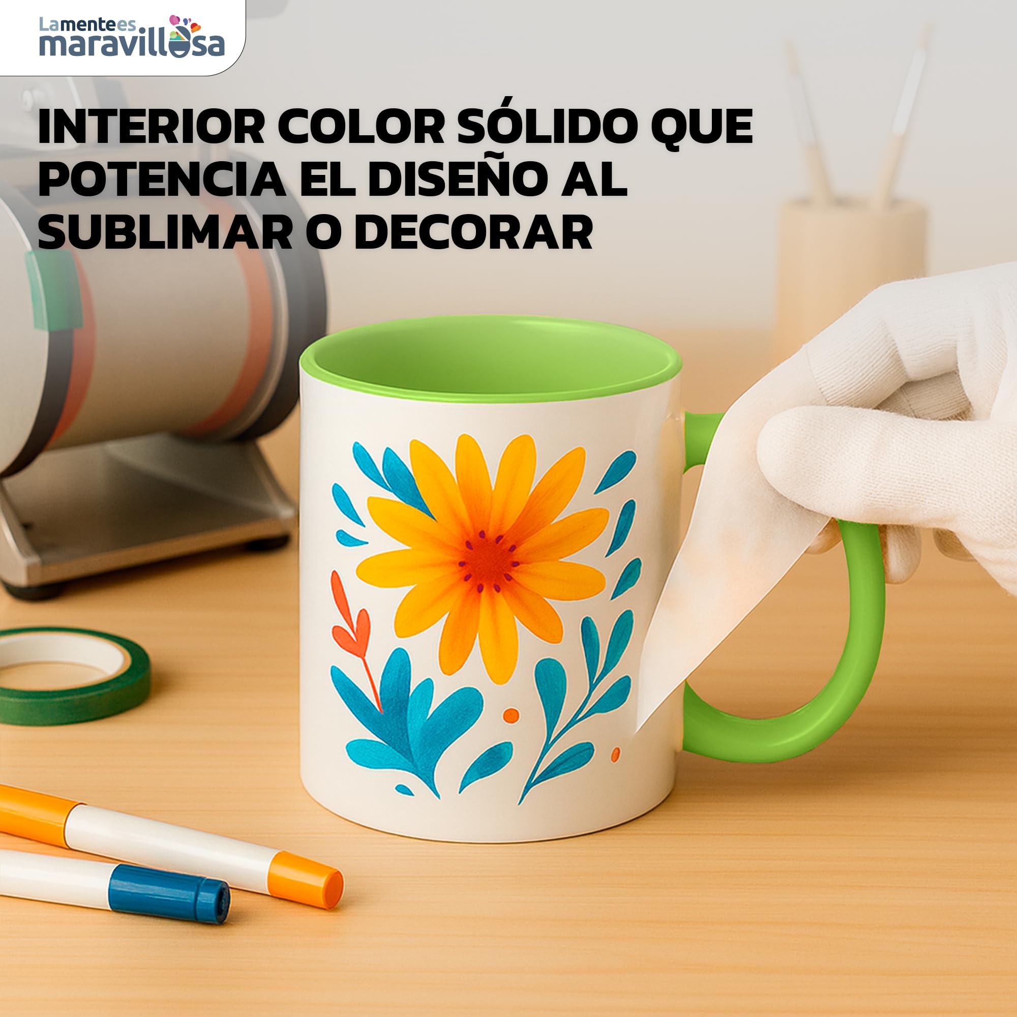LA MENTE ES MARAVILLOSA - Tazas de Cerámica para Sublimación【Pack de 36】 11 oz/330 ml - Regalo Original | 8x10 cm | Ideales para Café, Té e Infusiones, Aptas para Microondas (Blanco/Verde)