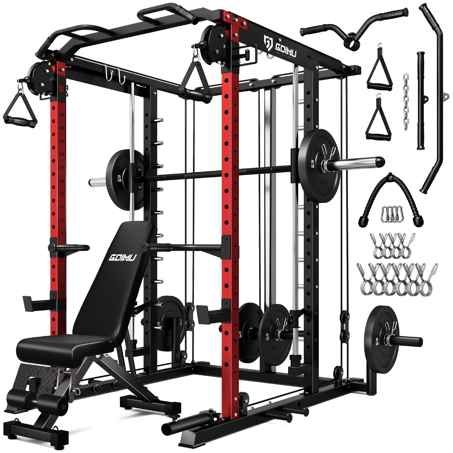 S1-V4 Smith Machine, 2000LBS Power Cage with Cable Crossover System, All-in-One Squat Rack with Smith Bar, Strength Training Equipment for Home Gym