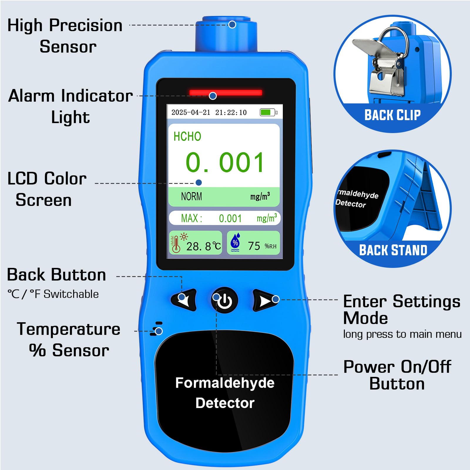 Detector de Formaldehído, Monitor de HCHO Recargable con Alarmas, Medidor de Temperatura y Humedad, Probador de Calidad del Aire de Formaldehído para Hogar y Trabajo
