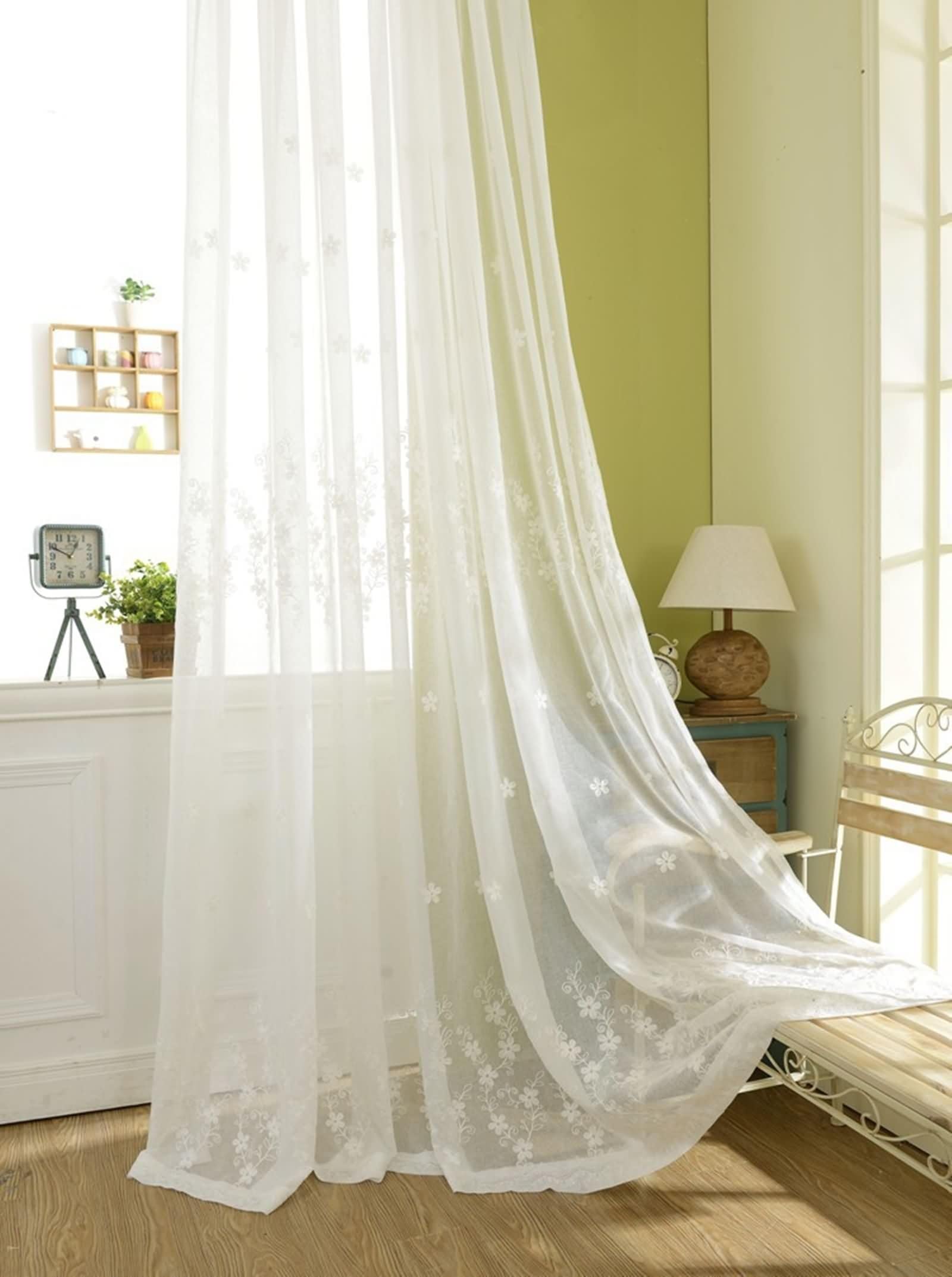 Musihy Bedroom Curtains Sheer | Polyester Cotton Solid Lace with Embroided Flowers Sheer Curtain Drape for Living Room Light Filtering, White, Grommet
