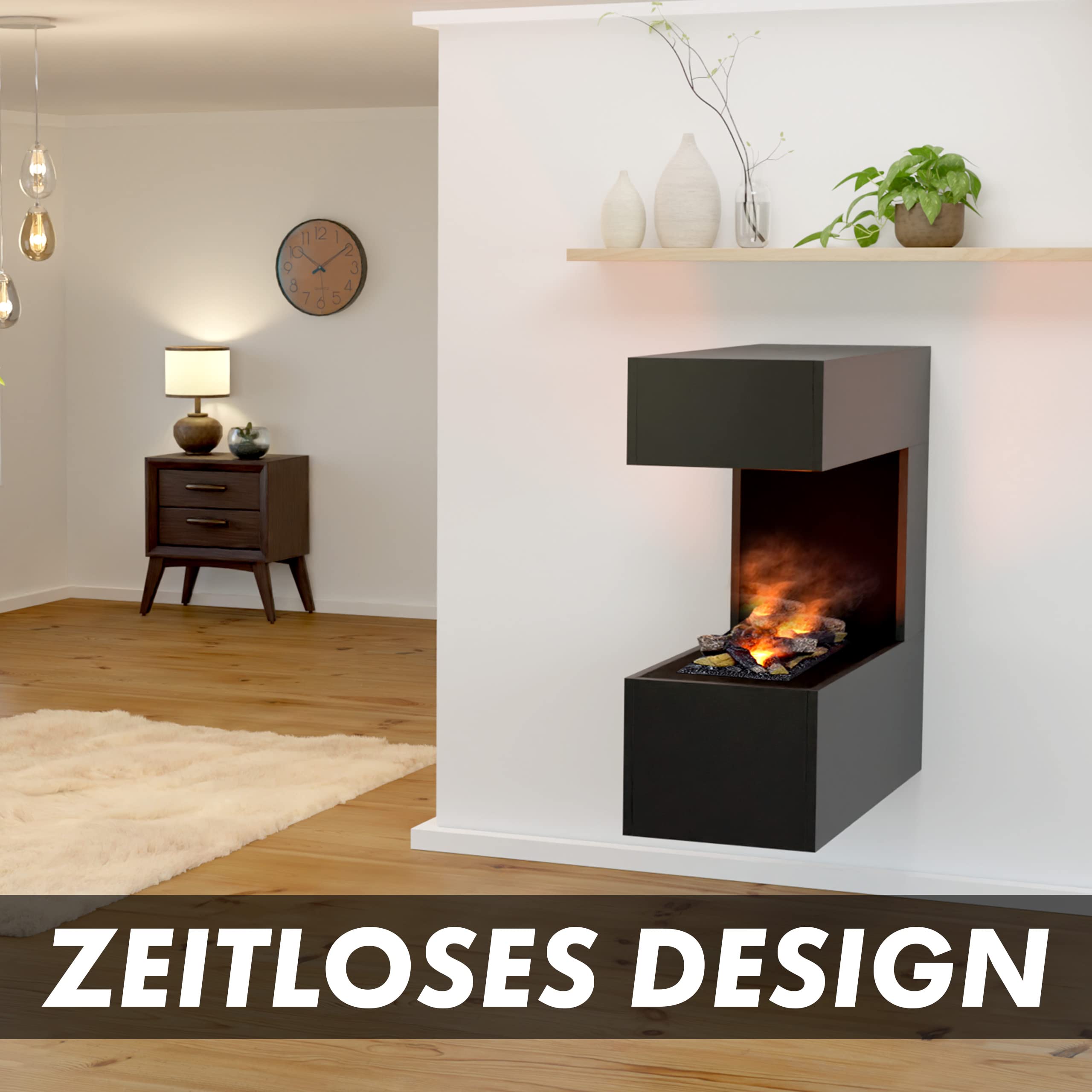 GLOW FIRE Wasserdampf Kamin Schiller (Wandkamin) - Elektrokamin für die Wand mit realistischen LED 3D-Flammen, Knistereffekt & Fernbedienung, 90x90x37 cm, Opti-Myst 400 mit Holz-Deko, Grau