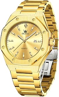 OLEVS Men's Stainless Steel Watch, Large Face Octagonal Three-Hand Analog Quartz Watches for Men, Luxury Easy to Read Calendar Date Waterproof Luminous Mens Wristwatch