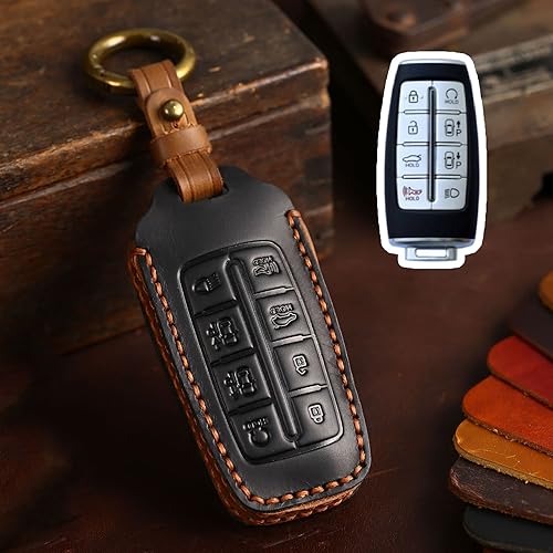 Miniatura 8 de Hontumax Funda de cuero genuino para llavero inteligente de 6 botones para Genesis G70 G80 GV70 GV80 2021 2022 2023 2024 Protector de llavero remoto