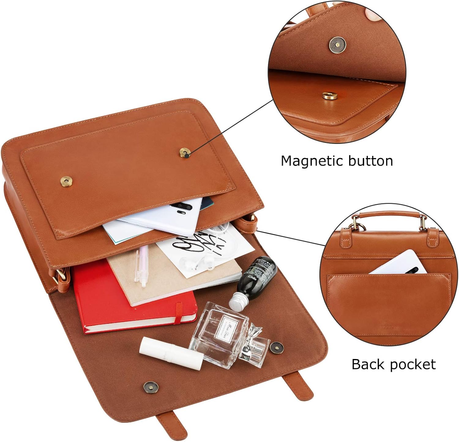 Miniatura 2 de ECOSUSI Pequeñas bolsas cruzadas vintage, bolsa de trabajo de cuero vegano con lazo desmontable