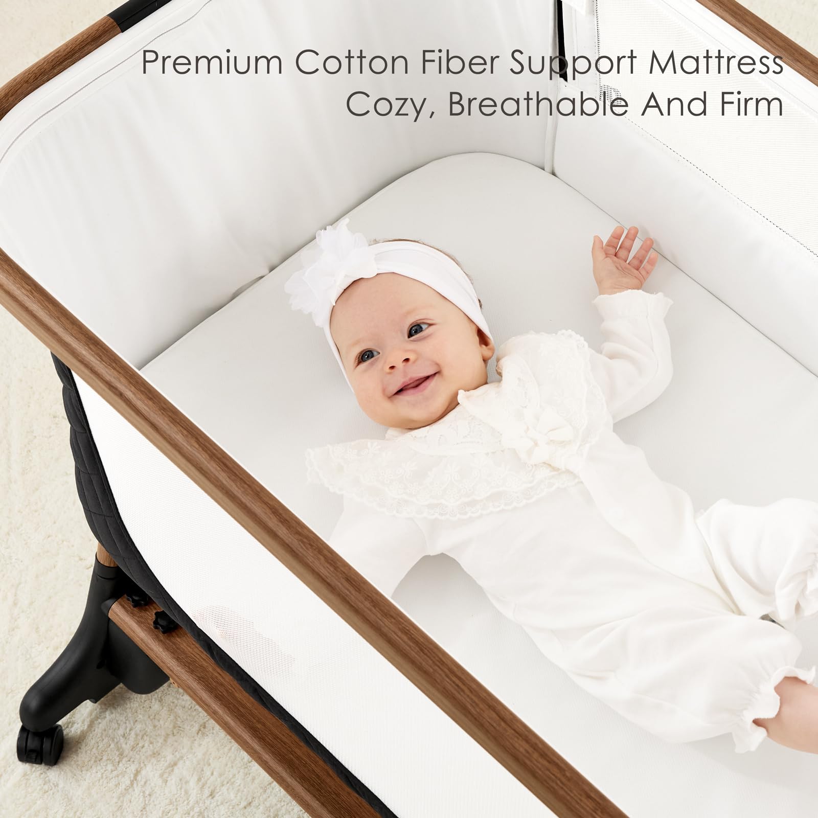 ANGELBLISS Electric Baby Bassinet Bedside Sleeper with Auto Rocking, Remote/Touch Control, 3 Timer Modes, 12 Sounds, 6 Heights, Storage & Wheels (Black) | Breathable Mesh — view 7