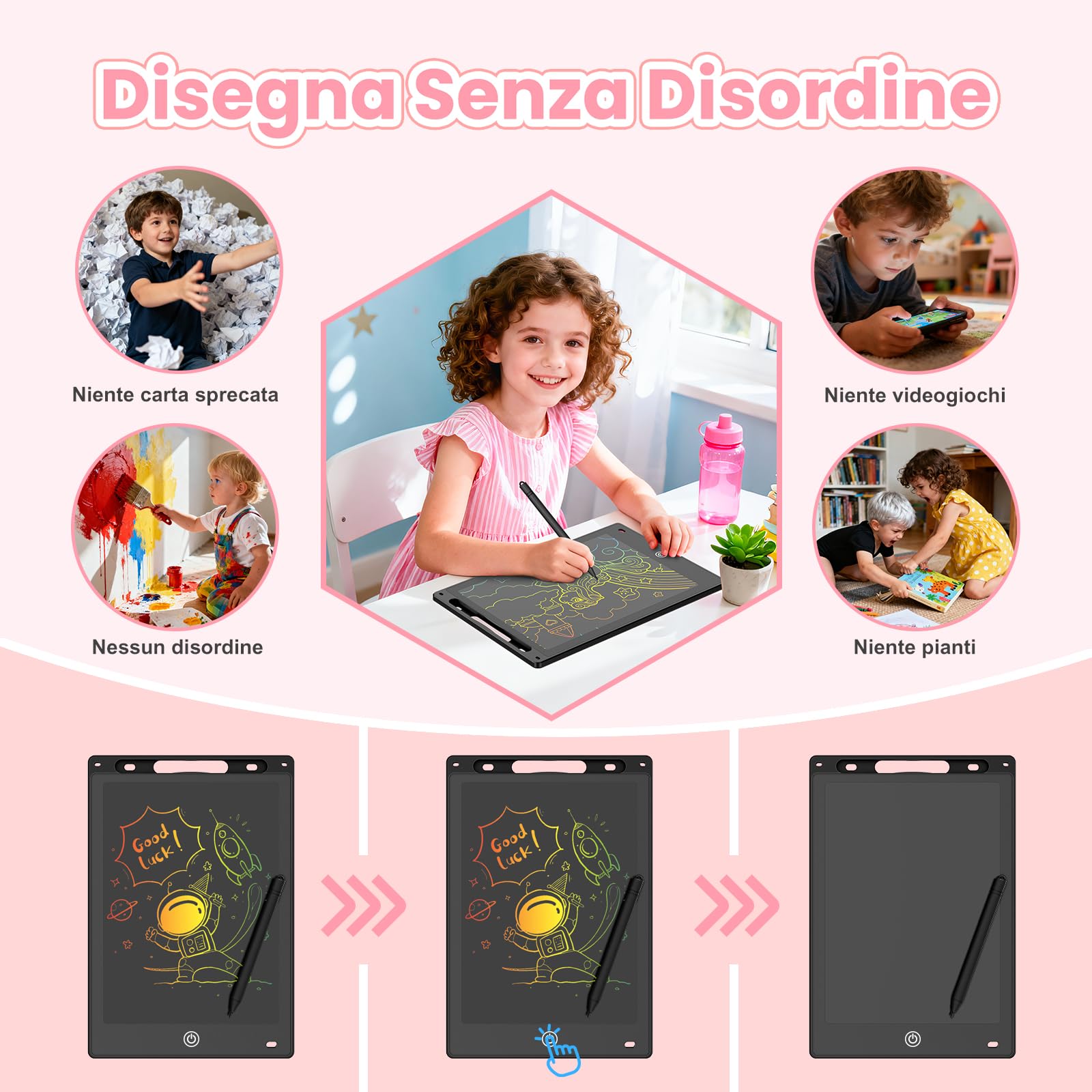 Tavoletta Grafica LCD Scrittura Colorata, Lavagna Digitale Cancellabile con Pulsante Elimina e Blocco Schermo, Giocattolo Educativo e Regalo di Compleanno e Natale (Nero, 10 inch) - 3
