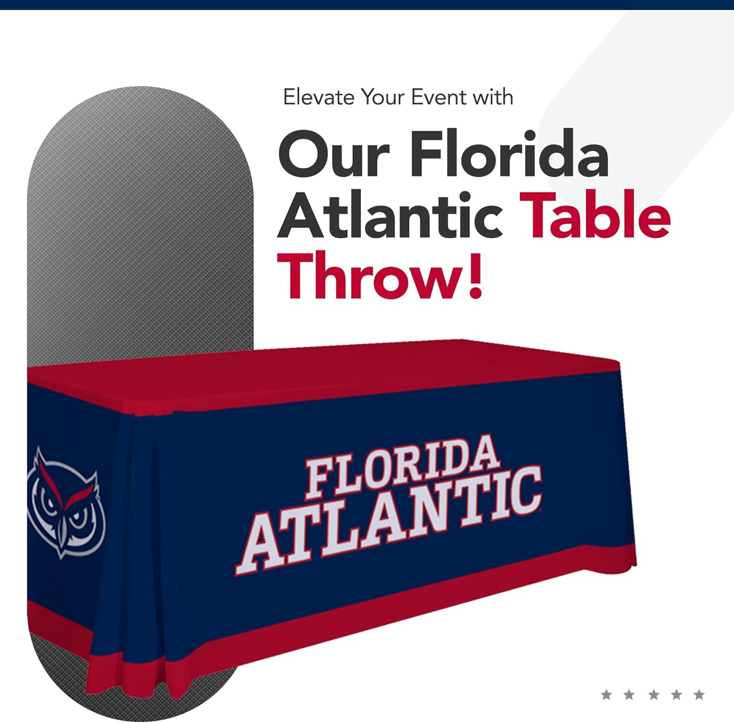 Florida Atlantic Owls College Sports Printed Table Throw - NCAA Licensed - Polyester - School Tablecloth (Blue, Red, White) (6' Draped)