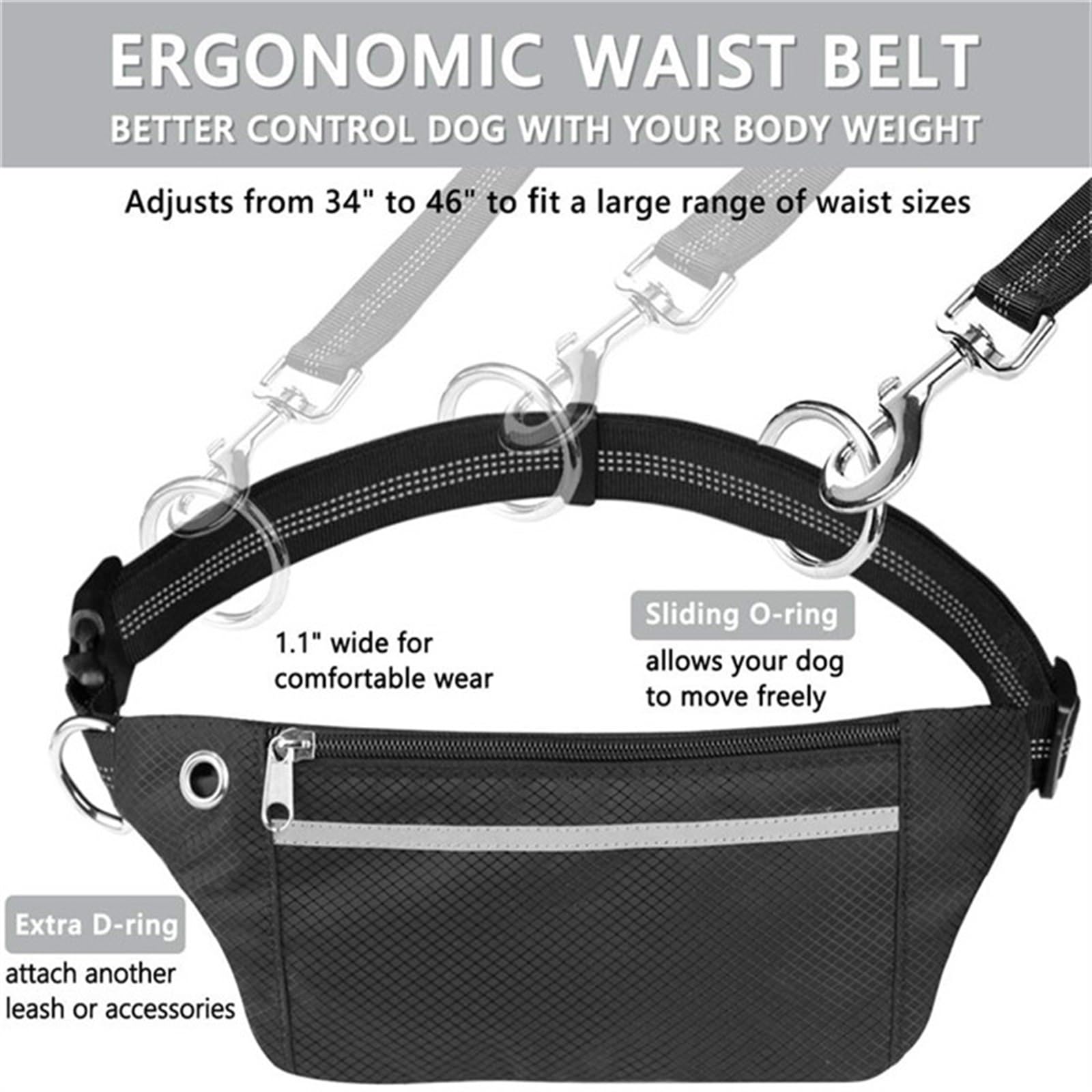 Longe pour Chien Laisse Mains Libres pour Chien avec Sac de Taille réfléchissant Jogging Dogs Corde de Traction Extensible Bungee Dog Laisse pour Chien(Gray)