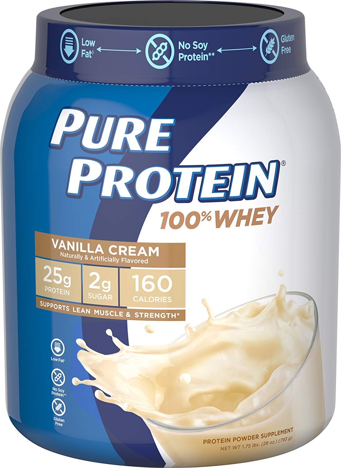 Pure Protein Powder, Whey, High Protein, Low Sugar, Gluten Free, Vanilla Cream, 1.75 lbs