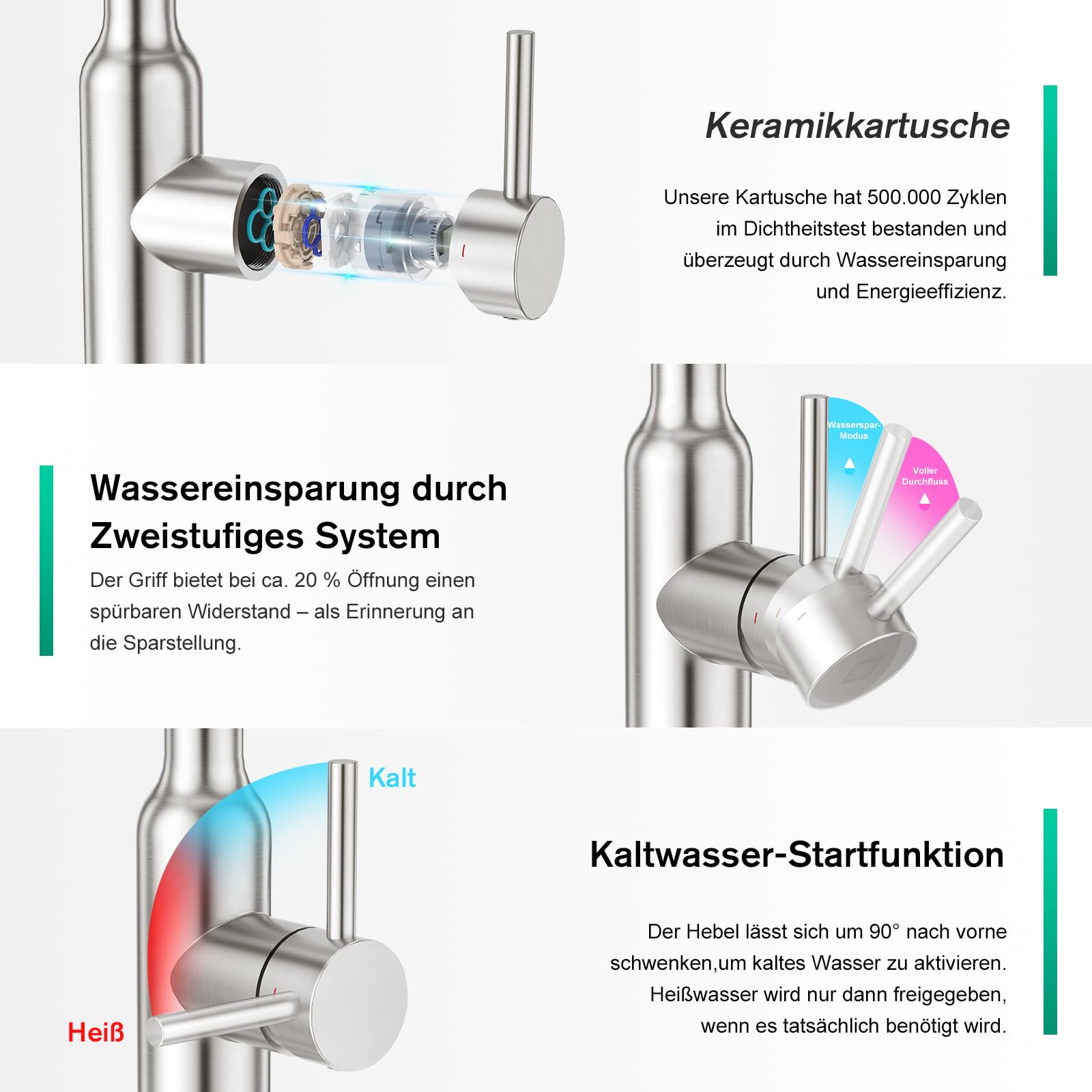 CREA Hoher Bogen Küchenarmatur mit 3 Wasserstrahlarten Brause ausziehbar, Einhebelmischer Hochdruck Armatur Wasserhahn Spültischarmatur Spülenarmatur Küche 360° Drehbar aus Edelstahl gebürstet matt