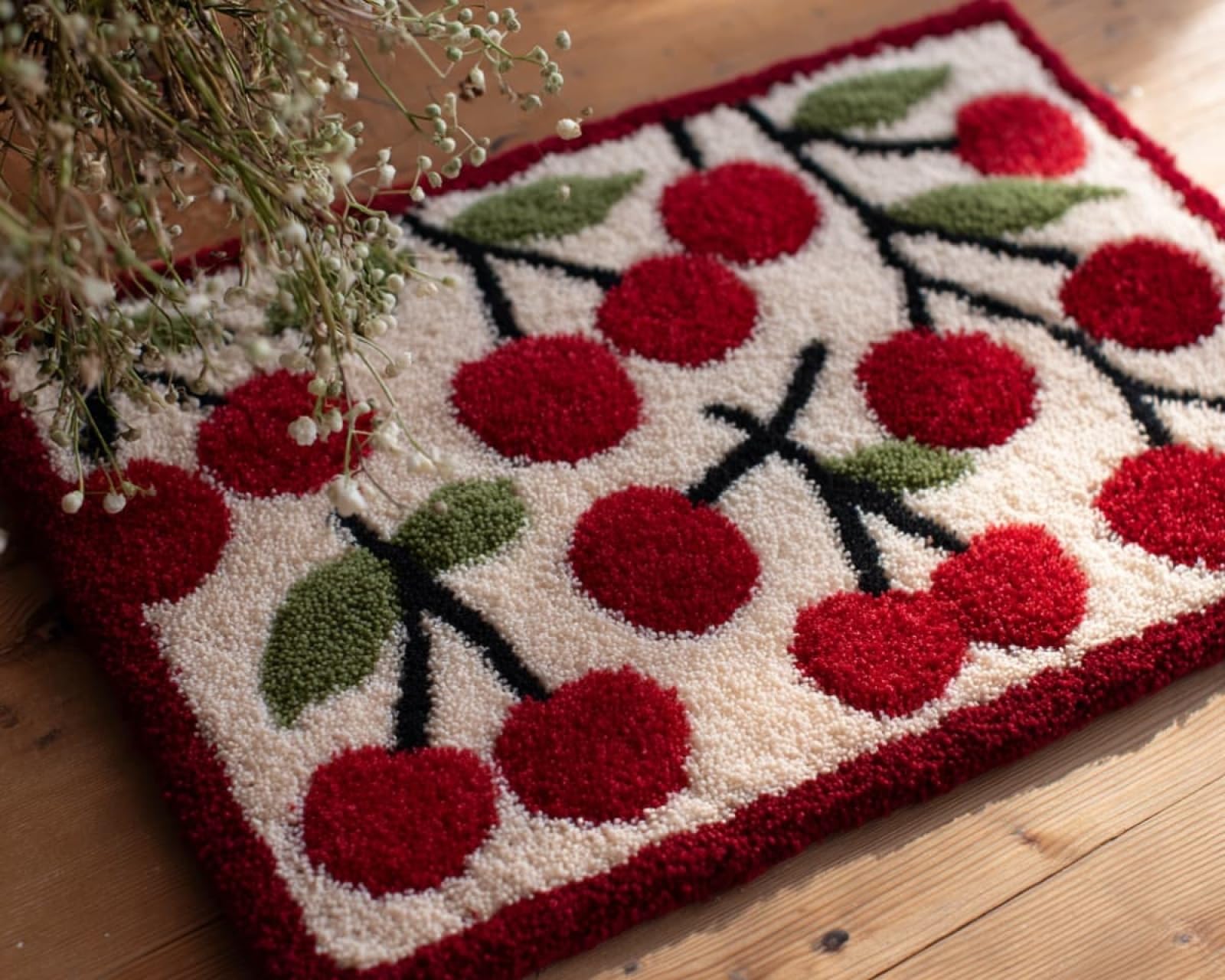 Wallphantom Latch Hook Rug Kits,Cherry,DIY Crochet Rug Making Kit for Adults Kids,3D Cross Stitch Carpet Embroidery Needlework Crocheting for Home Decor,60x90cm
