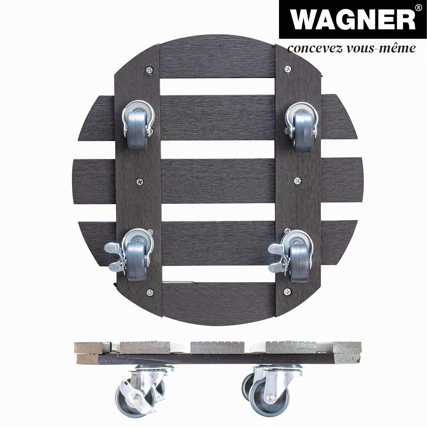WAGNER Chariot de Plantes WPC Ø 29 x 7 cm | Porte Plante pour intérieur + extérieur | Support Roulant pour Pot en Composite Bois-Plastique, Anthracite, 2 Freins | Capacité de Charge 100 kg - 20052501