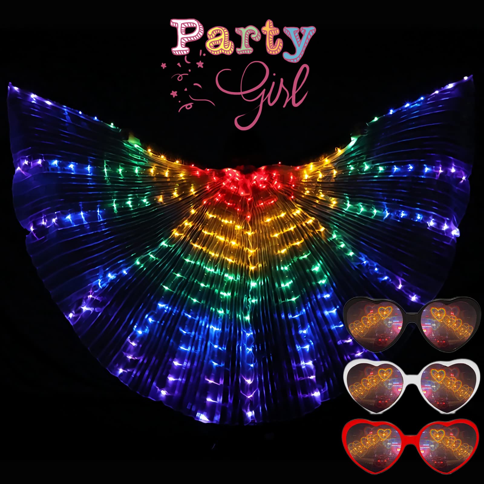LED Light up Wings Belly Dance Glow Wings with Flexible Telescopic Sticks Women Butterfly + 3 Pack Heart Diffracion Glasses