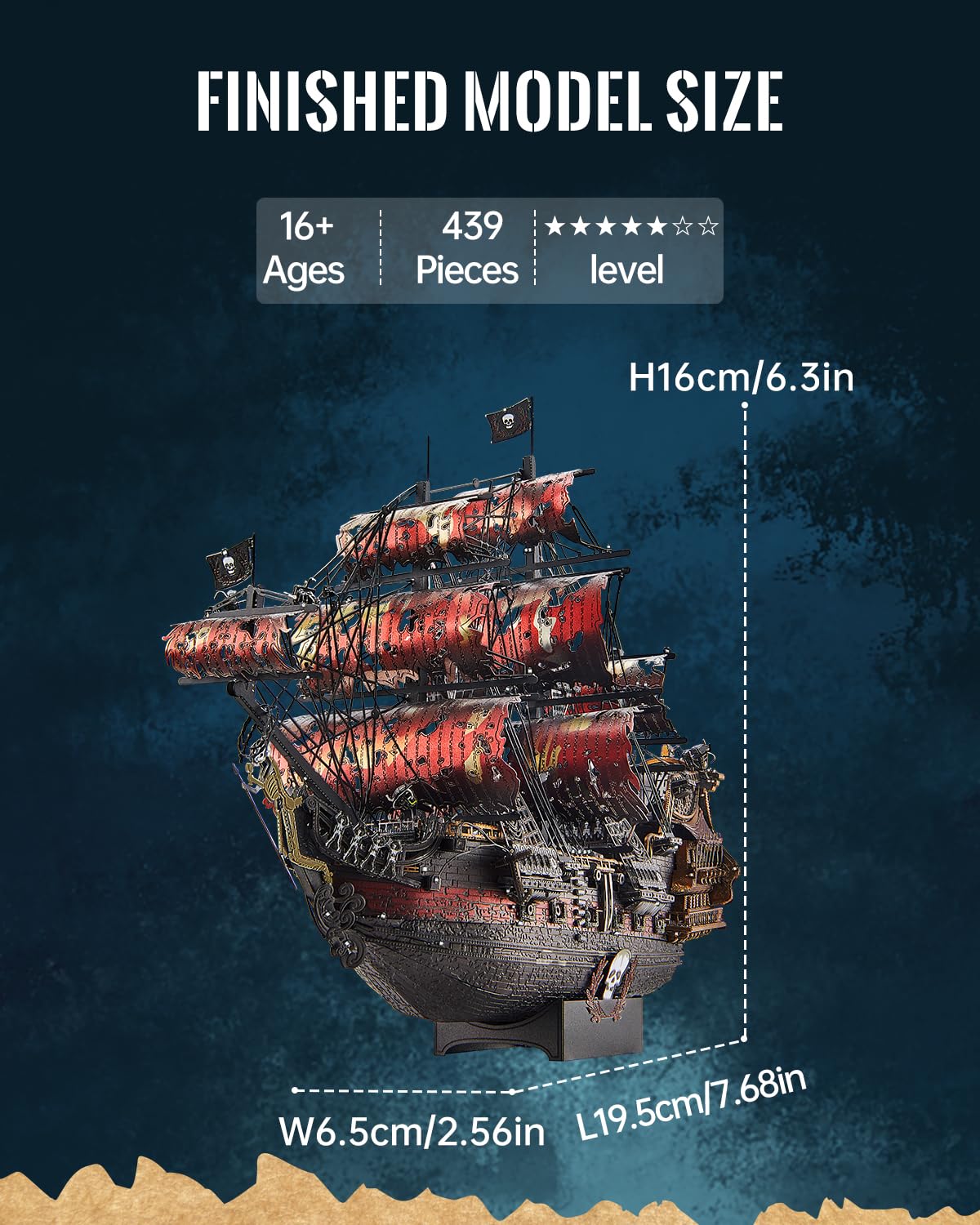 Piececool 3D Puzzle Metall Piratenschiff Queen Anne's Revenge, Modellbausatz für Erwachsene, 439 Teile, Edelstahl, Segelboot