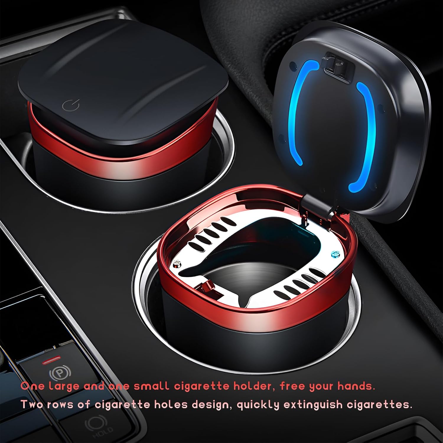 Car Ashtray with Lid, Detachable Smell Proof Mini Car Trash Can Ash Tray with LED Blue Light, Portable Smokeless Stainless Steel Ashtray for Vehicle Cup Holder Home Office (Red)