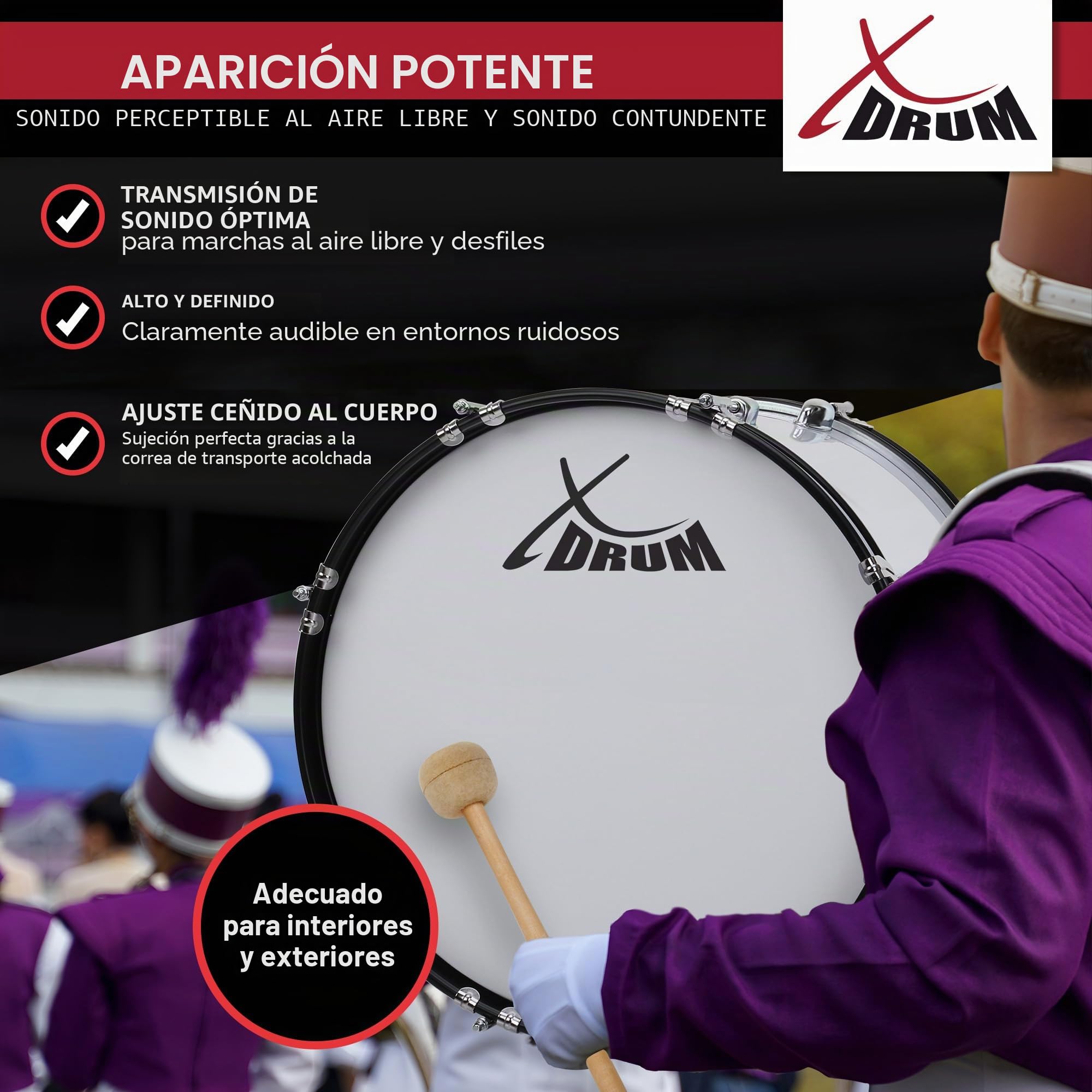 XDrum MBD-224 Bombo De Marcha 24" x 12", Diámetro: 24", Color: blanco | Profundidad: 12\", Herrajes cromados, Aros tensores metálicos en negro/blanco, Logo XDrum negro en los parches blancos, 5 kg