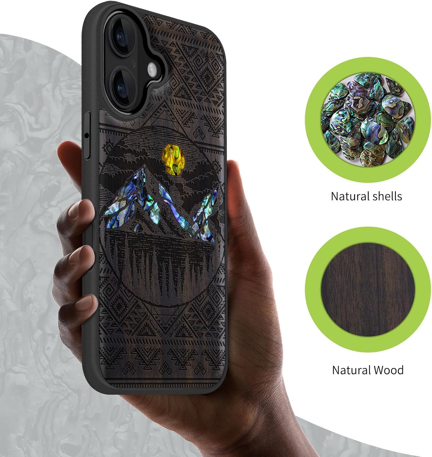 Carveit Magnetic Wooden Case for iPhone 16 Case, Wood Artisan Engraved & Handmade Shell Inlaid, TPU Shockproof Cover, Compatible with MagSafe Wireless Chargers (Aztec Style Alpine Lakes) Blackwood