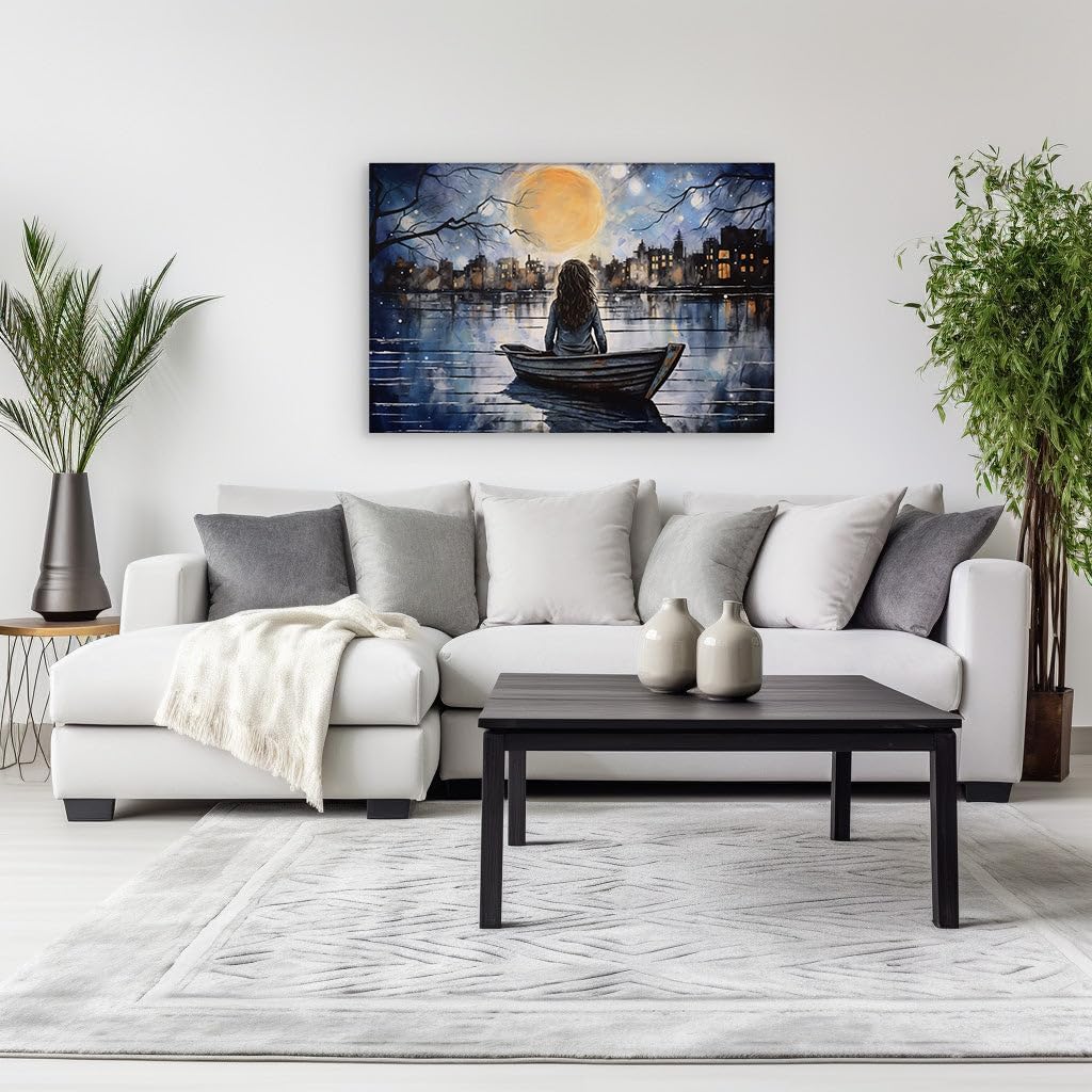 Canvas for Living room. Moonlit Solitude: A Girl, a Boat, and the Serene Cityscape, 27 x 18 inch Canvas Wall Art - Ready to Hang