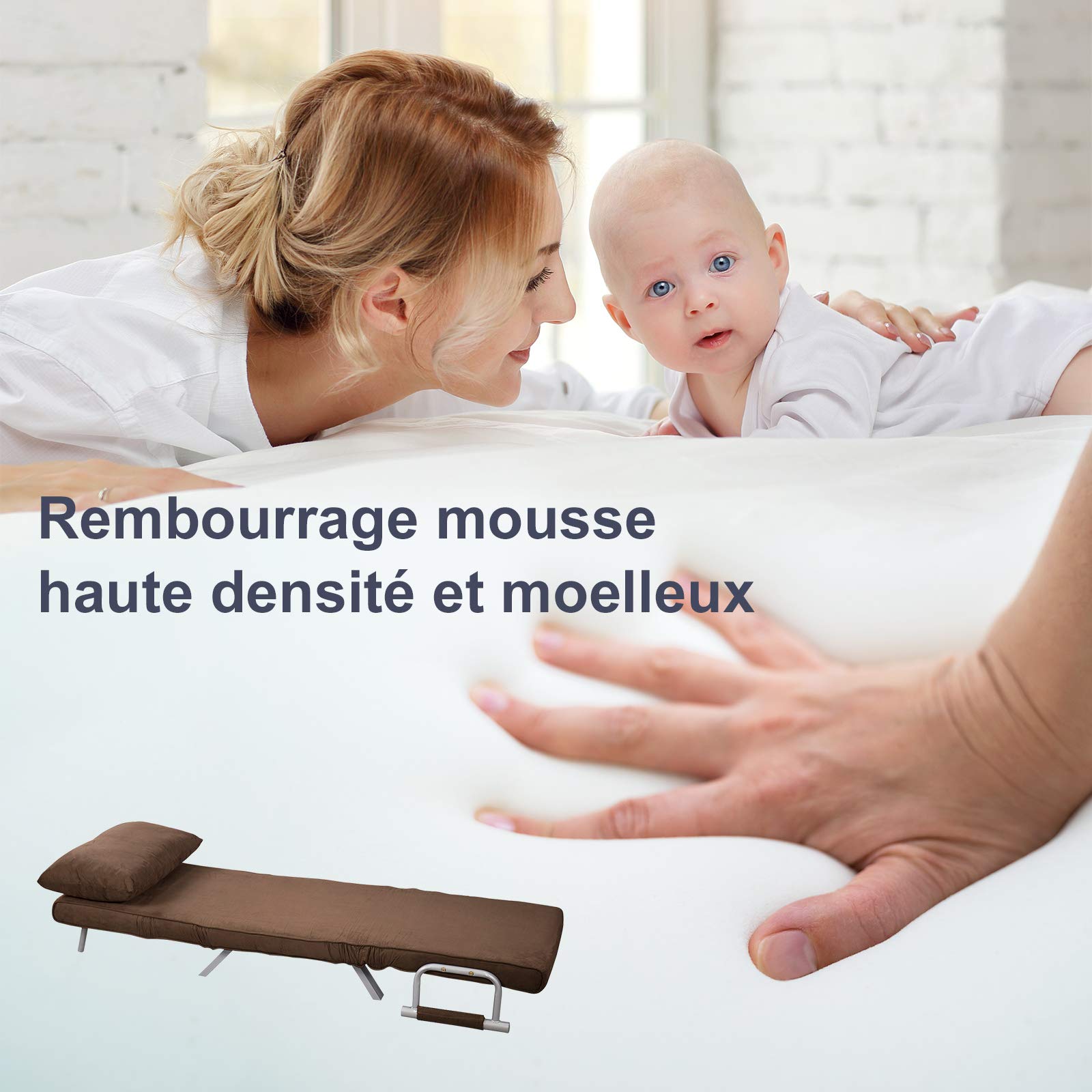HOMCOM Fauteuil chauffeuse canapé-lit Convertible 1 Place déhoussable Grand Confort Coussin Pieds accoudoirs métal suède Marron