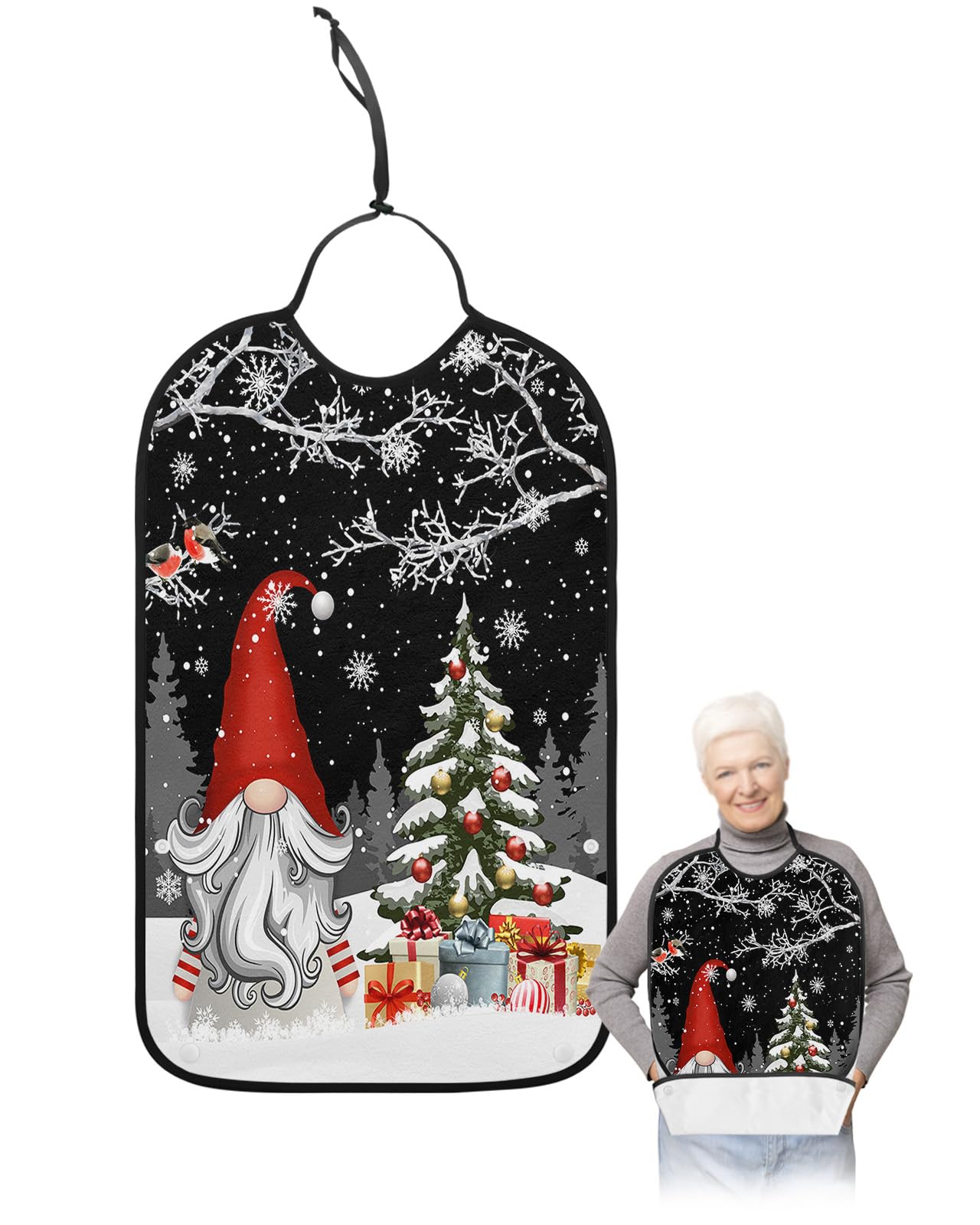 LEOKOTI Black Gnomes Christmas Adult Bibs for Eating, Waterproof Bibs with Food Catcher & Adjustable Snap Closure, Xmas Tree Birds Winter Snowflake Washable Clothing Protectors Adult Bibs for Elderly