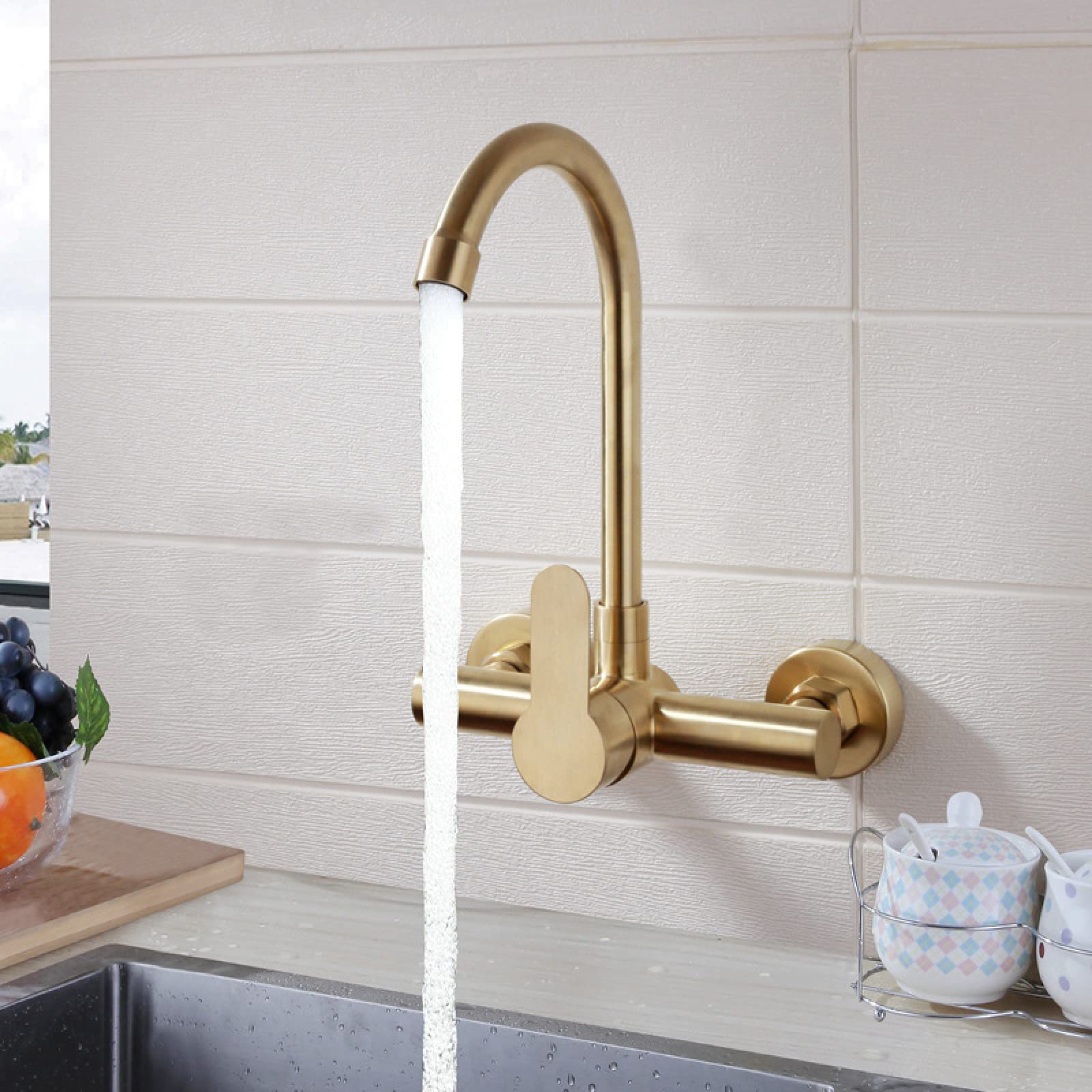 Mitigeur d'évier en acier inoxydable mural or brossé pour eau chaude et froide de cuisine