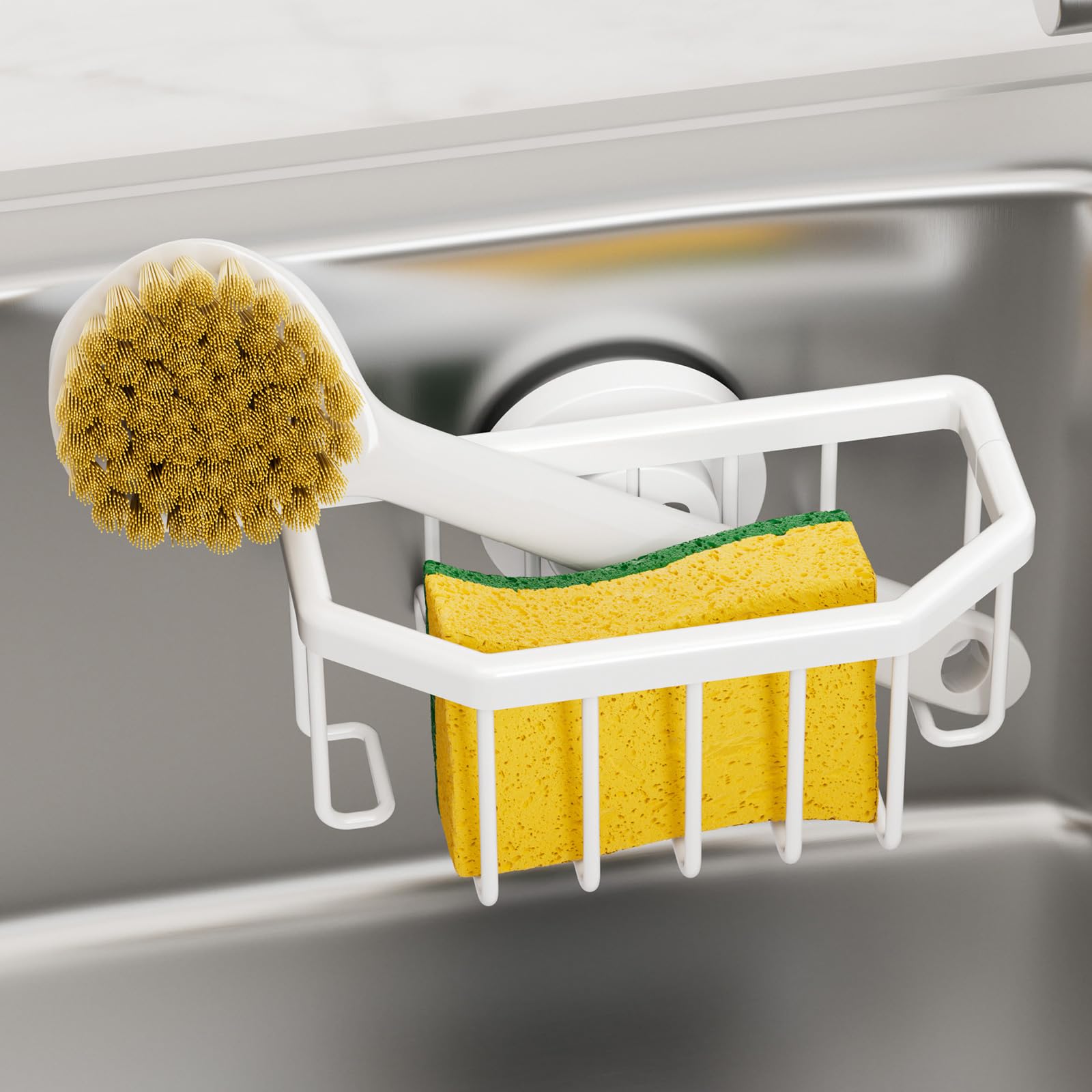 TAILI Sink Caddy, Sponge Holder for Kitchen Sink with Strong Suction, Kitchen Organizer for Sponge, Brush, Stopper and Scraper, Removable, Rustproof, Keep Tidy - White