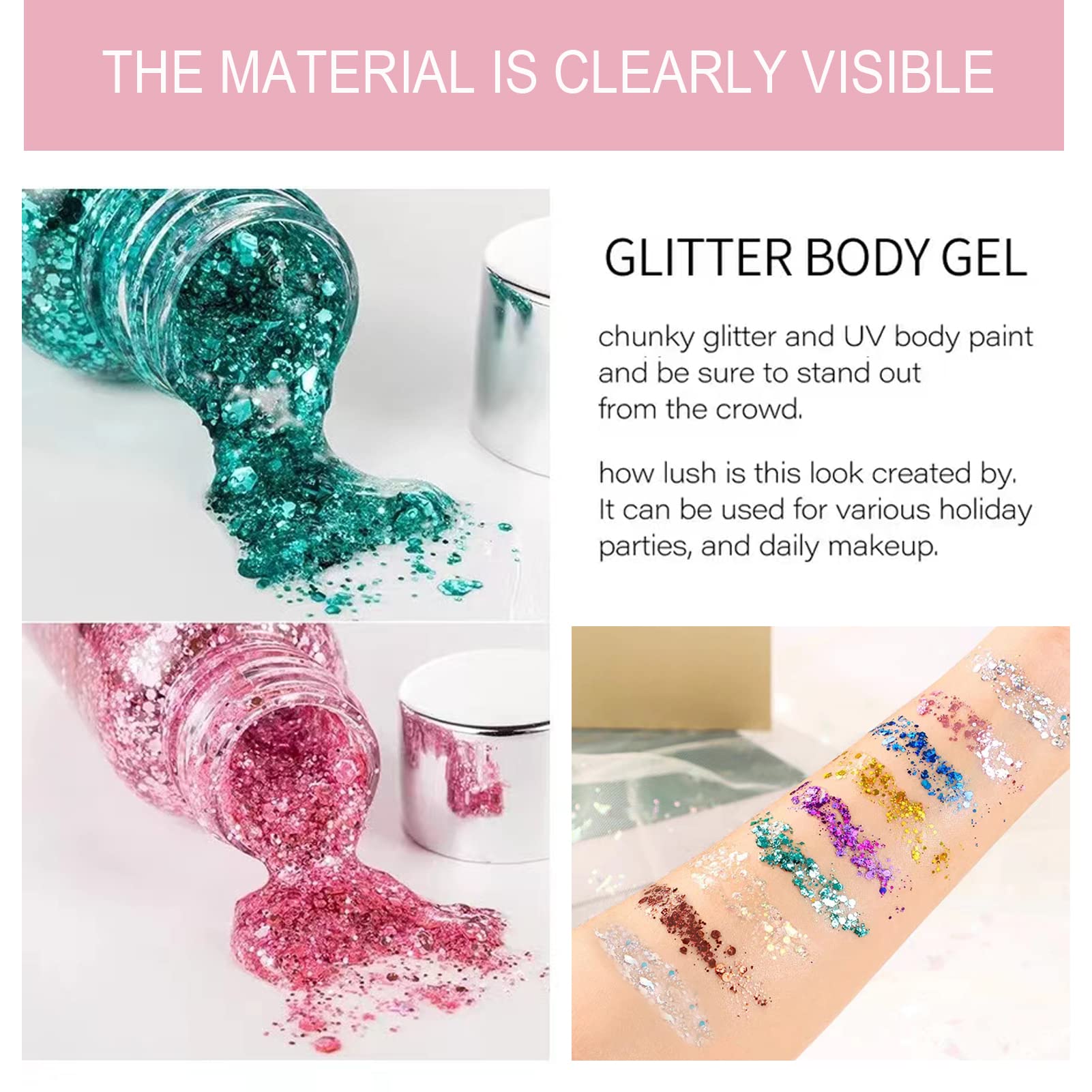30ml Glitter Corpo, Glitter Gel Corpo,Glitter Body Gel, Glitter Gel Viso per Viso, Unghie, Occhi, Labbra, Capelli, Corpo, per Musica, Festival, Feste in Maschera