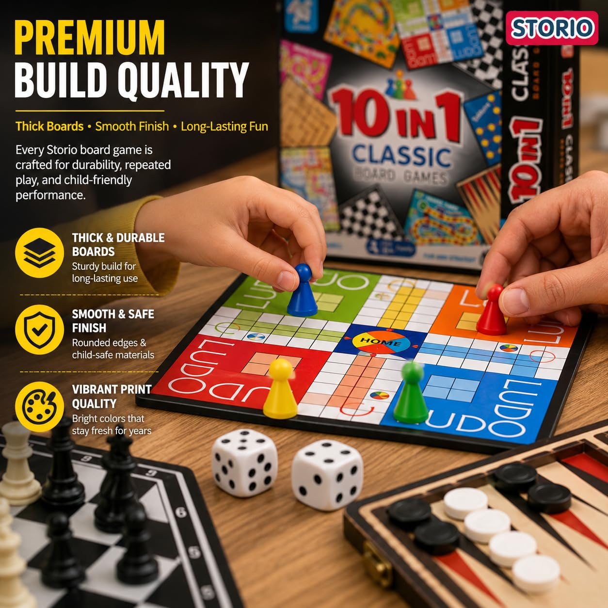 Storio 10-in-1 Classic Board Games for Kids 5+ Years | Chess, Ludo, Snakes & Ladders, Checkers, Backgammon & More | Family Board Game Set with Dice & Pawns | Educational Indoor Game for Boys & Girls — Amazon image 5