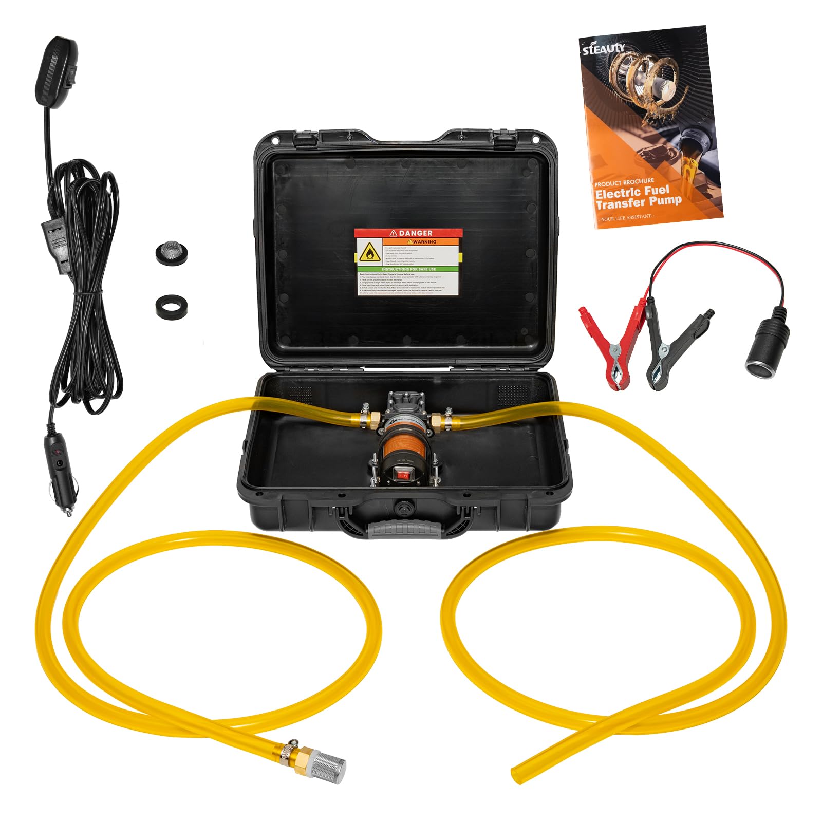 Juego de bomba de transferencia de combustible de 12 V, mueve hasta 120 galones de gas o diésel por hora con motor de 80 W CC y funda de transporte mejorada, adecuada para vehículos, barcos, equipos